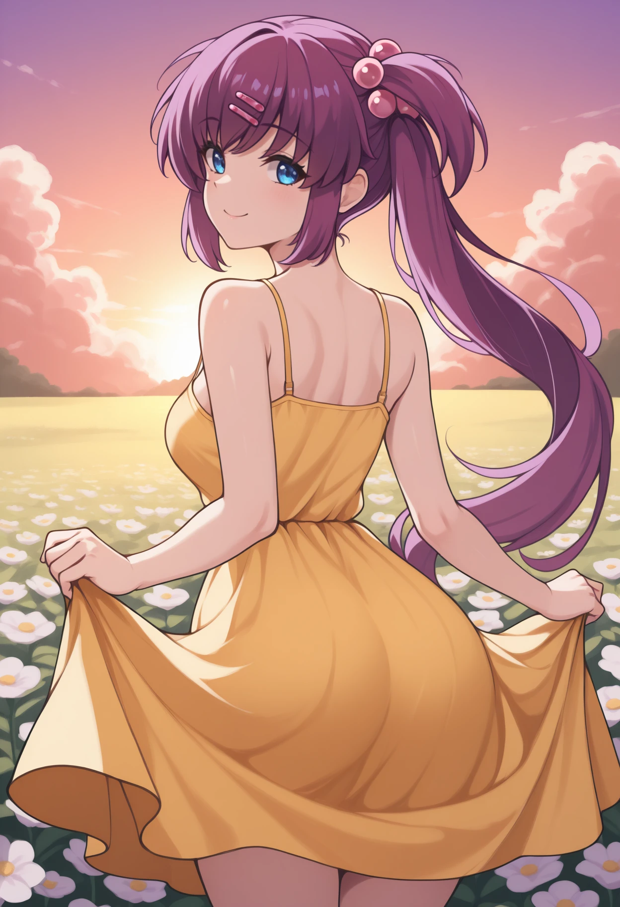 masterpiece, best quality, <lora:tialuna-nvwls-v1-000010:0.9> tialuna, blue hair, facial mark, tattoo, hair ornaments, (yellow sundress:1.4), from behind, garden, blue sky, sunset