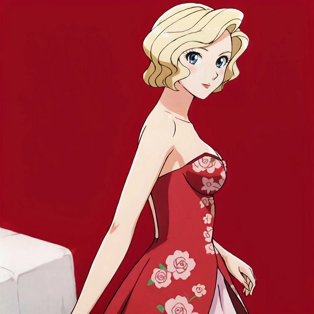 <lora:lori&loumazinkaiser_pony_v1:.7> Lori&LoruMazinKaiserPinkDress, solo, 1girl, blonde hair, medium breasts, short hair, blue eyes, cowboy shot, <lora:1007 Chinese wedding dress_v1_pony:1> ruanyi1007,bare shoulders,detached sleeves,red dress,floral print,strapless dress,