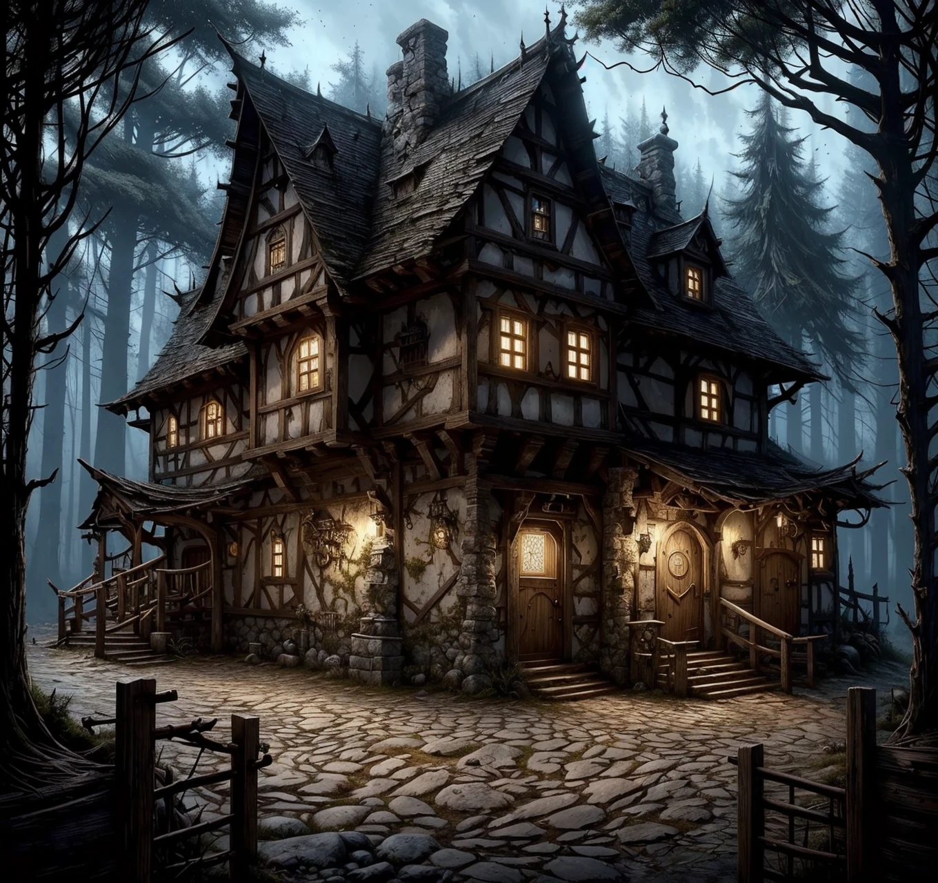 RAW photo, (masterpiece:1.3), subsurface scattering, heavy shadow, (high quality:1.4), (intricate, high detail:1.2), professional photography, HDR, High Dynamic Range, realistic, ultra realistic, photorealistic, high resolution, film photography, ambient lighting, atmospheric effects, <lora:detail_slider_v4:2>, OverallDetail, <lora:CrossroadsInn:1>,architecture, armor, boots, building, chimney, cloud, crate, crossinn, dark, door, fantasy, fence, forest, garden, holding, house, lantern, log, medieval, night, night sky, no humans, outdoors, path, pavement, plant, road, scenery, shelf, sky, stairs, stone wall, tail, town, tree, tree shade, white flower, window, wooden fence, <lora:storybook_last:1.2>