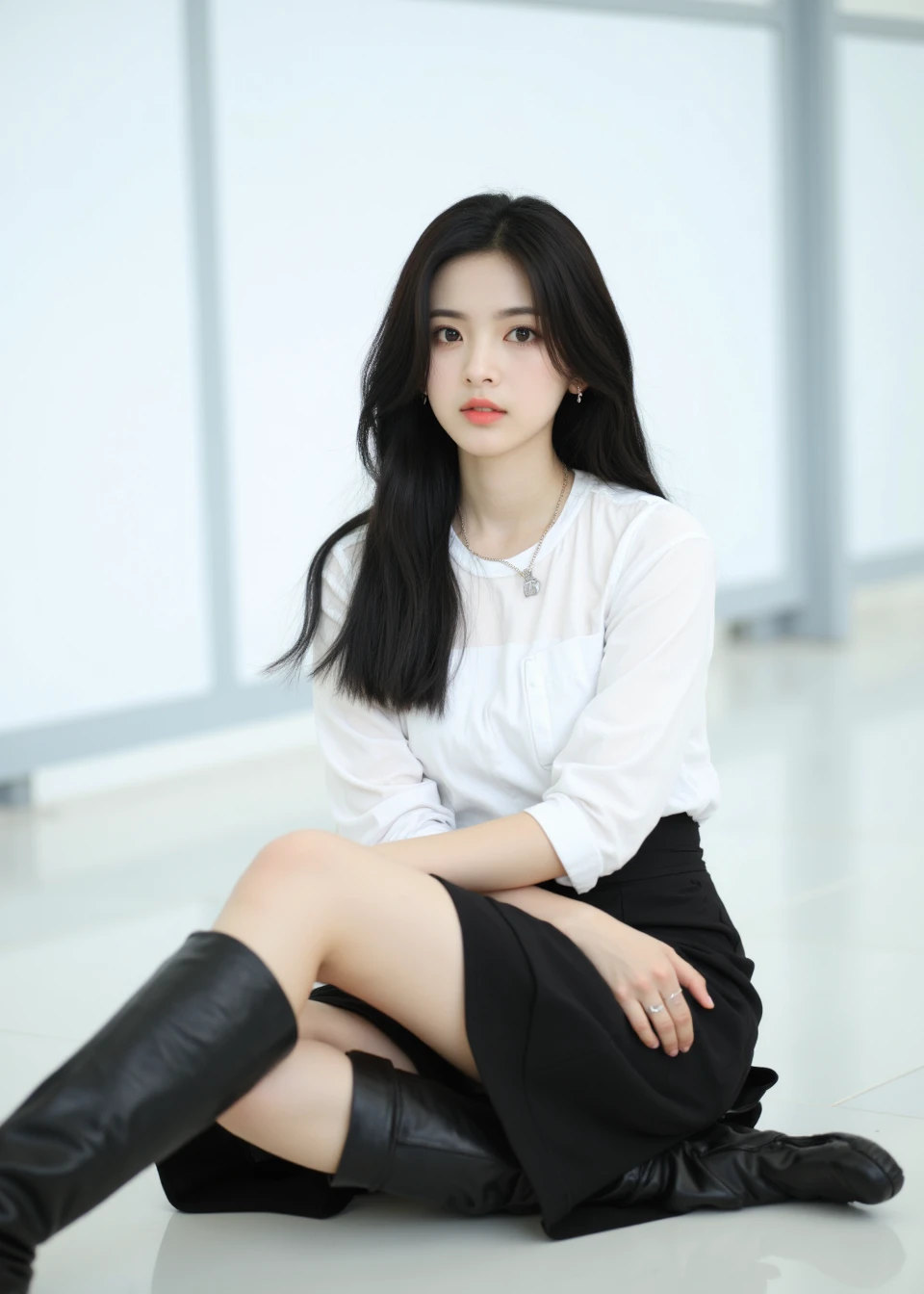 The most real，One wears a black hip skirt，blackstockings，White color blouse，The expression is very eye-catching，currently leading，perfect body figure