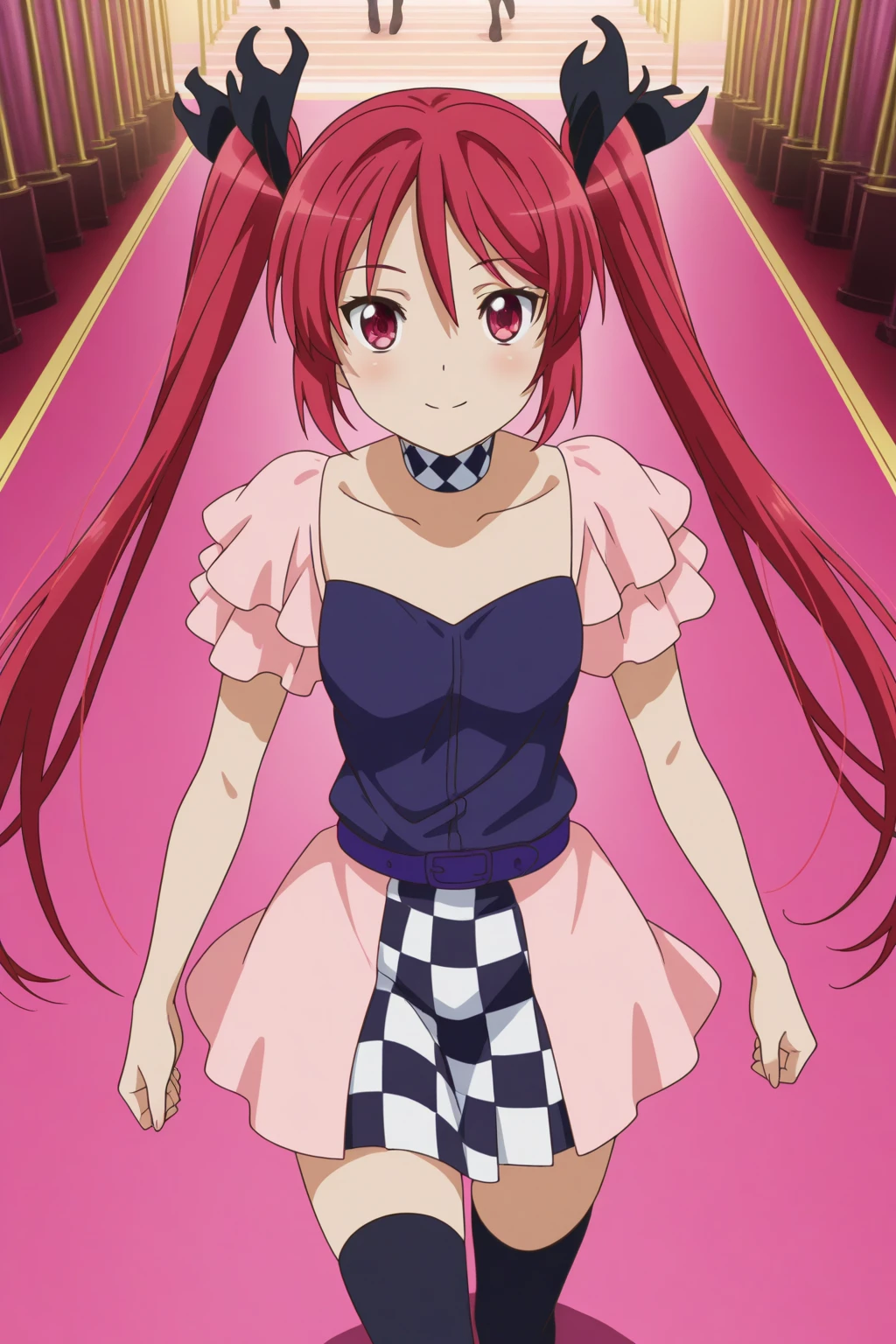 very awa, detailed eyes, shining eyes, masterpiece, best quality, ultra-detailed, (8k), (hdr), absurdres, looking at viewer, solo, 1girl, girl, indoors, fashion show, catwalk, smile, aakuuko, red eyes, red hair, twintails, black ribbon, black hair ribbon, kuukoidol, checkered choker, black shirt, pink sleeves, puffy short sleeves, pink skirt, checkered clothes, checkered skirt, black thighhighs, ((walking, cowboy shot))