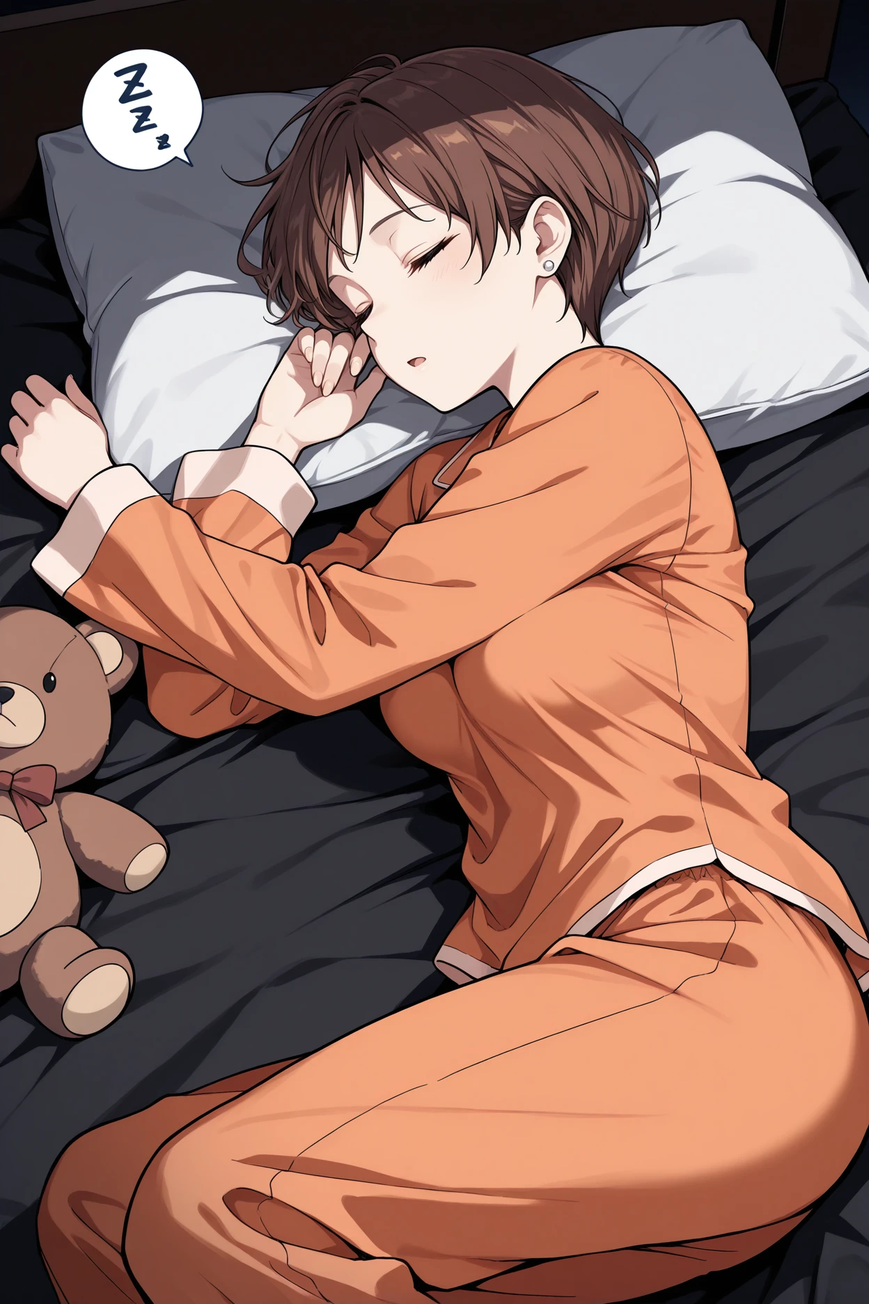 masterpiece, best quality, 1girl, solo, <lora:rerebecca-illu-nvwls-v1-000006:1> rbchm, brown hair, short hair, , stud earrings, medium breasts, orange pajamas, pajama pants, loose clothes, bed, pillow, head rest, lying on side, sleeping, closed eyes, open mouth, spoken zzZ, teddy bear, dark theme, night