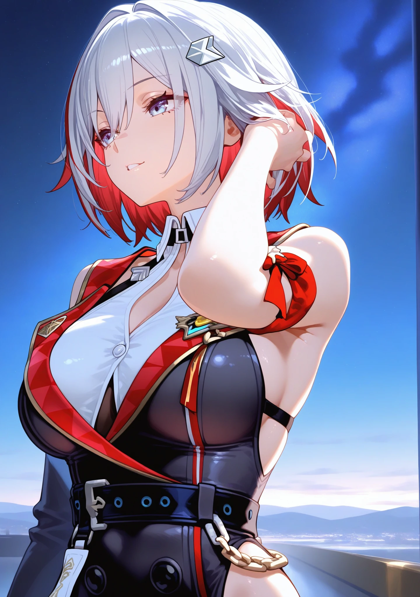UHD, accurate, masterpiece, Anatomically correct, Textured leather, Super Detail, Best quality, 16 thousand., 1080P,One,(1 woman,perfect body, white short hair,A slight smile, night, Sexy look, Beautiful, Looking forward to watching),(Blue eyes:1.7)(red x-shaped pupils:1.7),(genshin impact/harlequin)