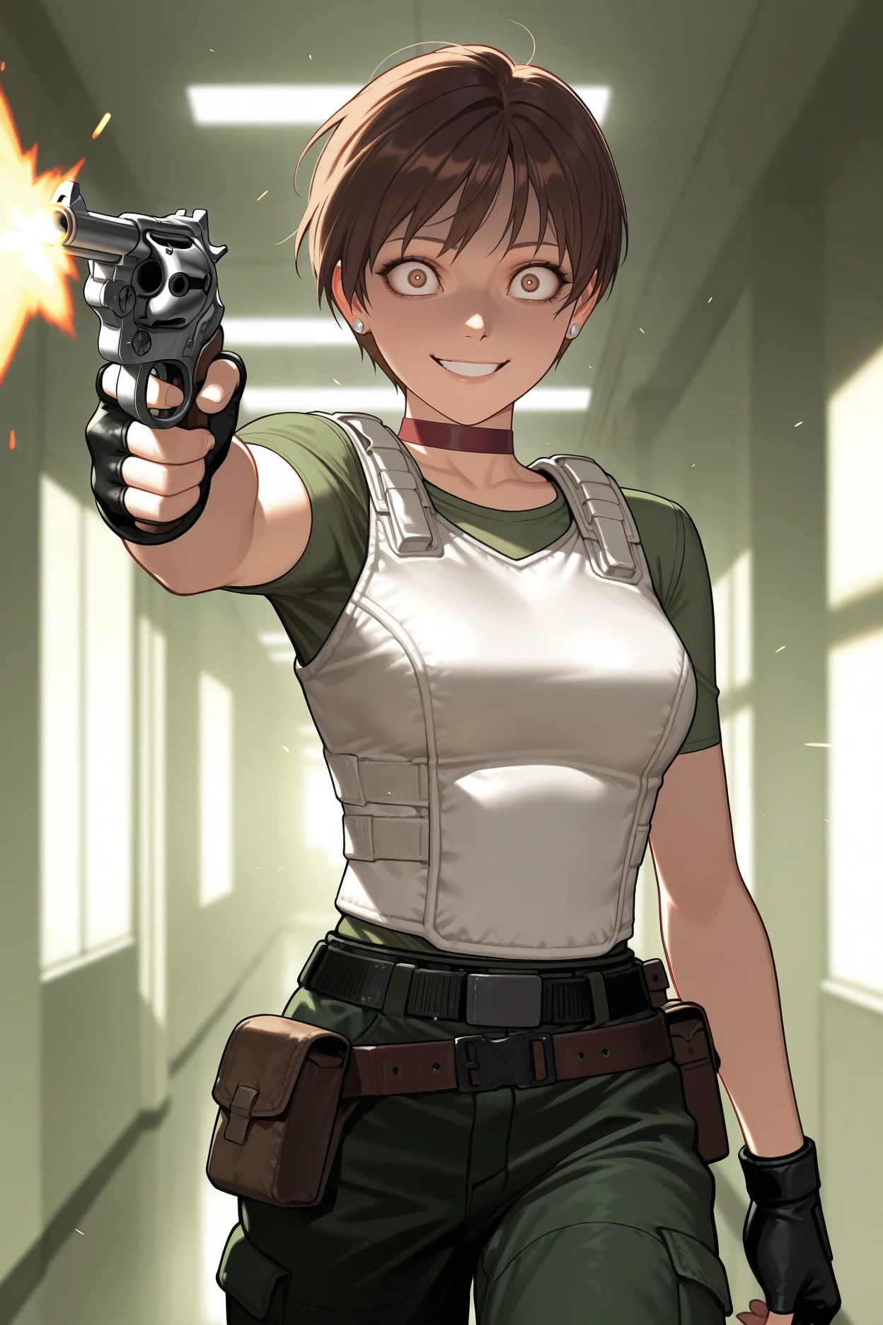 masterpiece, best quality, 1girl, solo, <lora:rerebecca-illu-nvwls-v1-000006:1> rbchm, brown hair, short hair, brown eyes, stud earrings, red choker, white vest, green shirt, short sleeves, belt, belt pouch, fingerless gloves, black gloves, green pants, cargo pants, cowboy shot, smile, crazy eyes, holding revolver, aiming, firing gun, hallway, chiaroscuro, muzzle flash, medium breasts, walking, arm at side
