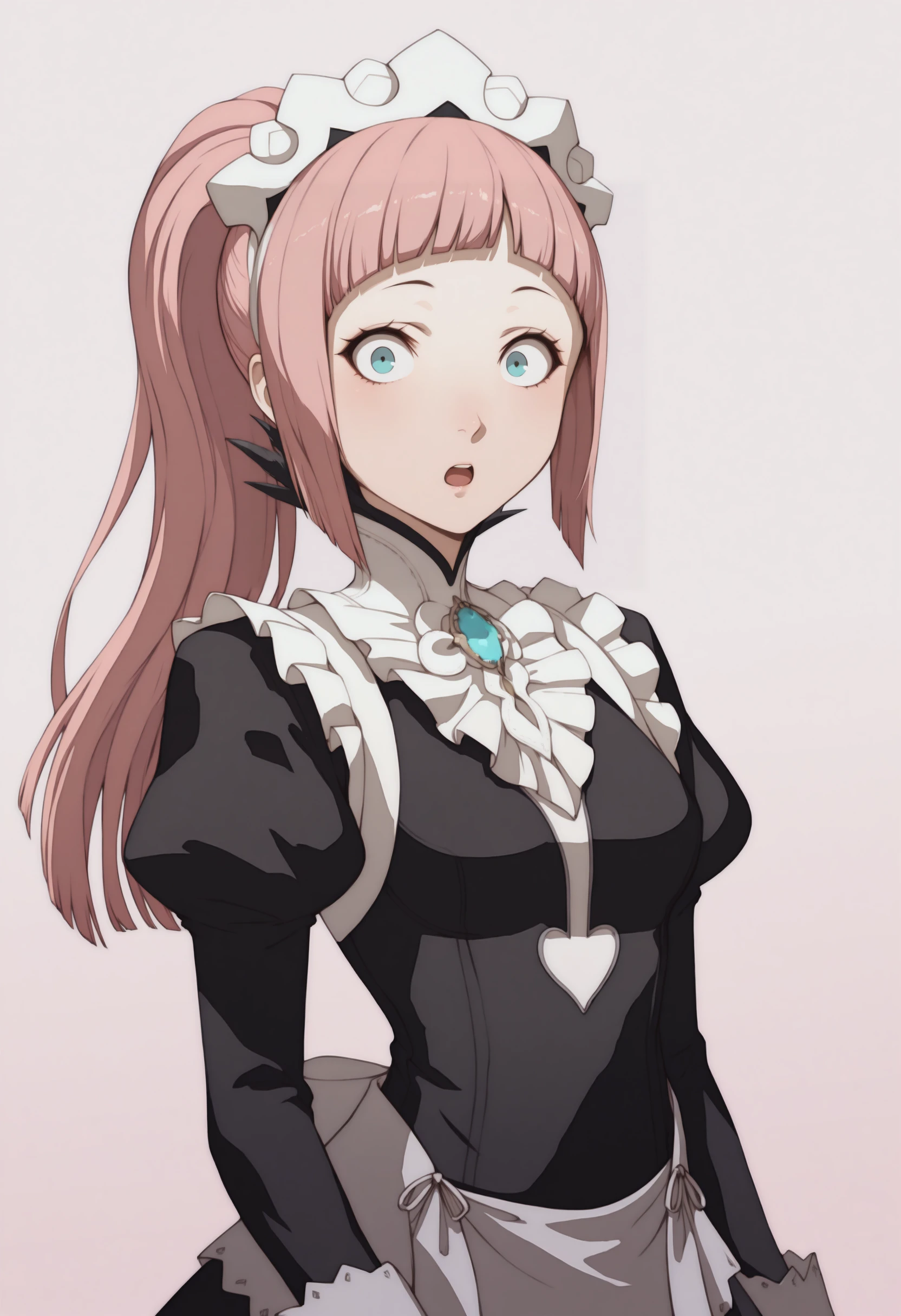 masterpiece, best quality, solo, 1girl, surprised, looking at viewer, <lora:P3-Portraits-illus_Fp:1>, simple background, <lora:felicia-fe-richy-v1_ixl:1>, f1cdf, blue eyes, pink hair, long hair, ponytail, sidelocks, blunt bangs, maid headdress, black feathered collar, blue brooch, maid, juliet sleeves, maid apron,