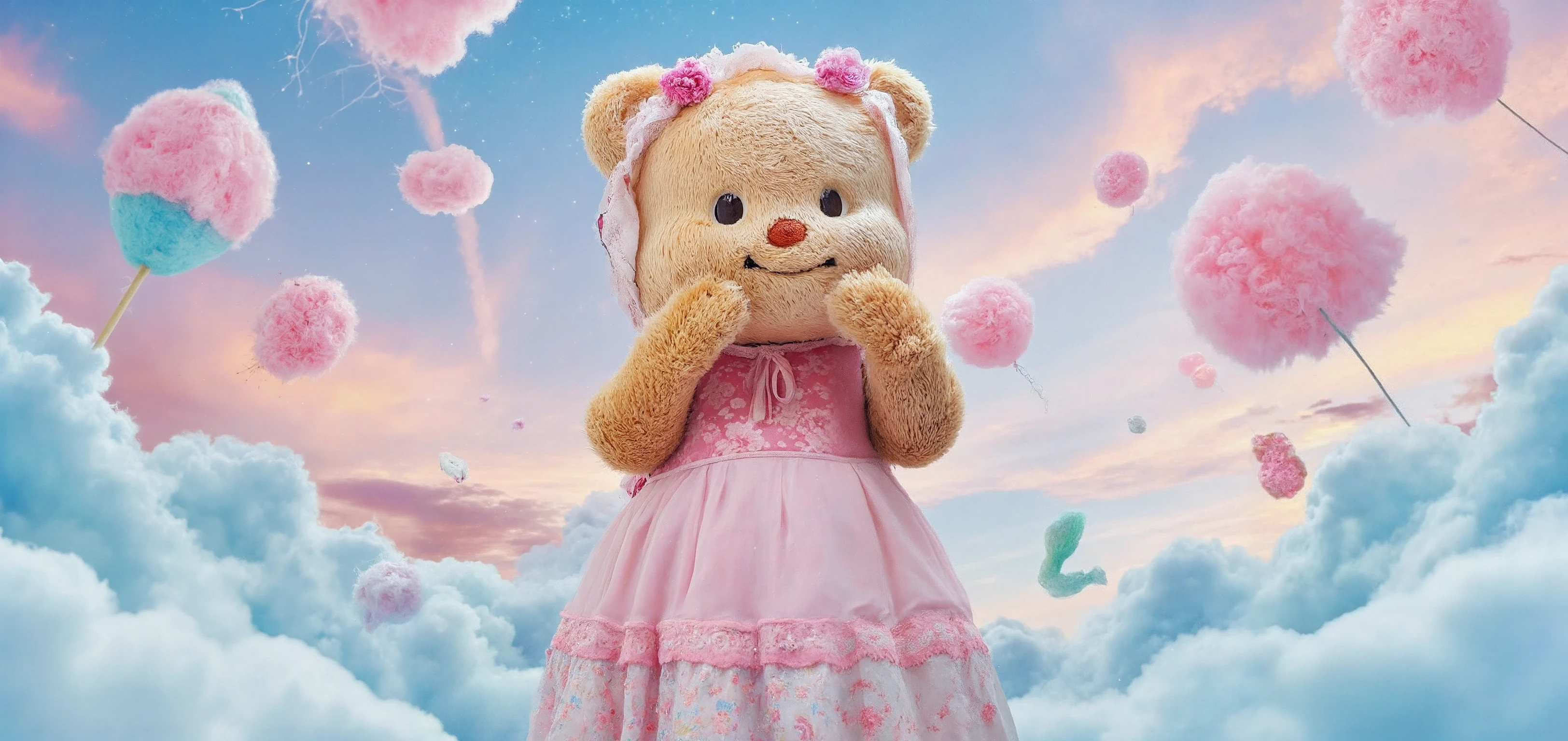 Butterbear, Thai, fur, realistic, fuzzy, furry, natural realistic bear fur, fantasy character, fun, whimsical, she is wearing a cotton cndy dress eating cotton candy on a cotton candy cloud in a cotton candy universe, desktop wallpaper, full body in frame, RAW photo, detailed photograph,8K,extreme photography,masterpiece,trending, pulls the viewer in,film grain,photographed on a Sony A7R IV,18mm F/1.7 cine lens,(highly detailed, intricately detailed),HDR, cinematic film still, highly detailed, high budget, cinemascope,wonderfully vivid and colourful, beautiful pastel colours