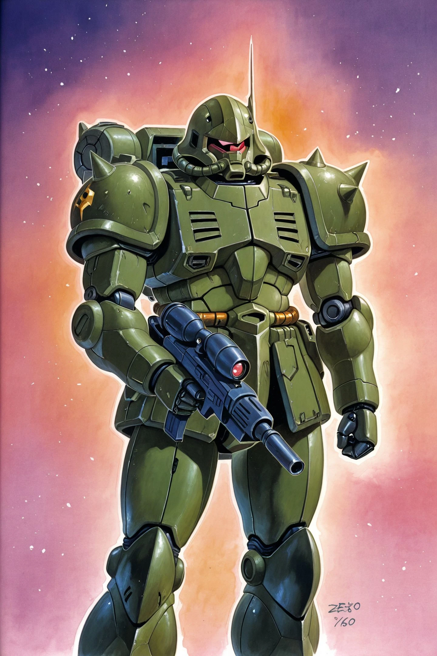zeon,weapon,robot,green mecha,retro artstyle,gun,science fiction,1980s \(style\),armor,energy gun,solo,traditional media,
<lora:Yoshikazu Yasuhiko_illustriousXL:1>,