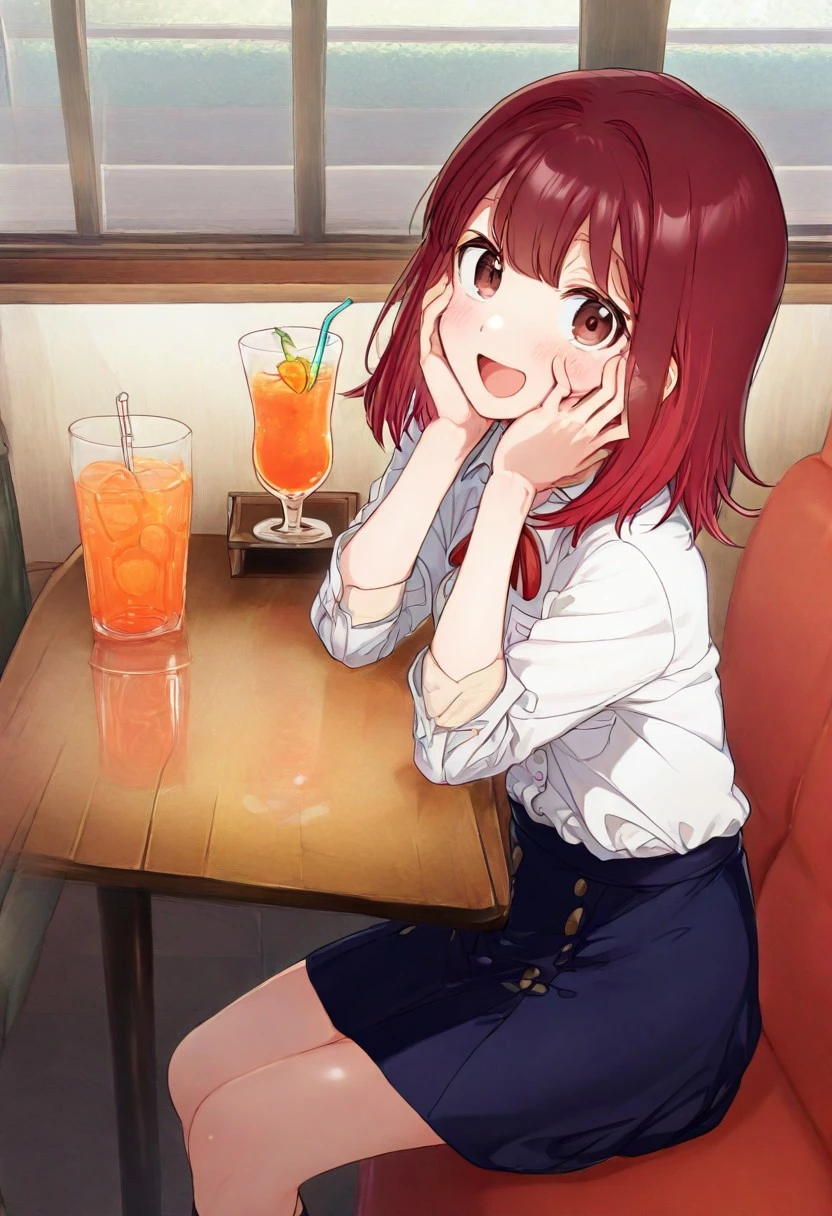 great quality,1girl,solo,almic,(akakura,ogipote,:0.75),table,window,family restaurant,restaurant,indoors,couch,sitting,transparent glass ,wooden table, white shirt,school shirt,pocket and button shirt,dark blue skirt,,surprised,,looking at viewer,tilt head,red hair,medium hair, dark brown eyes,hands rest,hands on face, :o, smile,orange juice