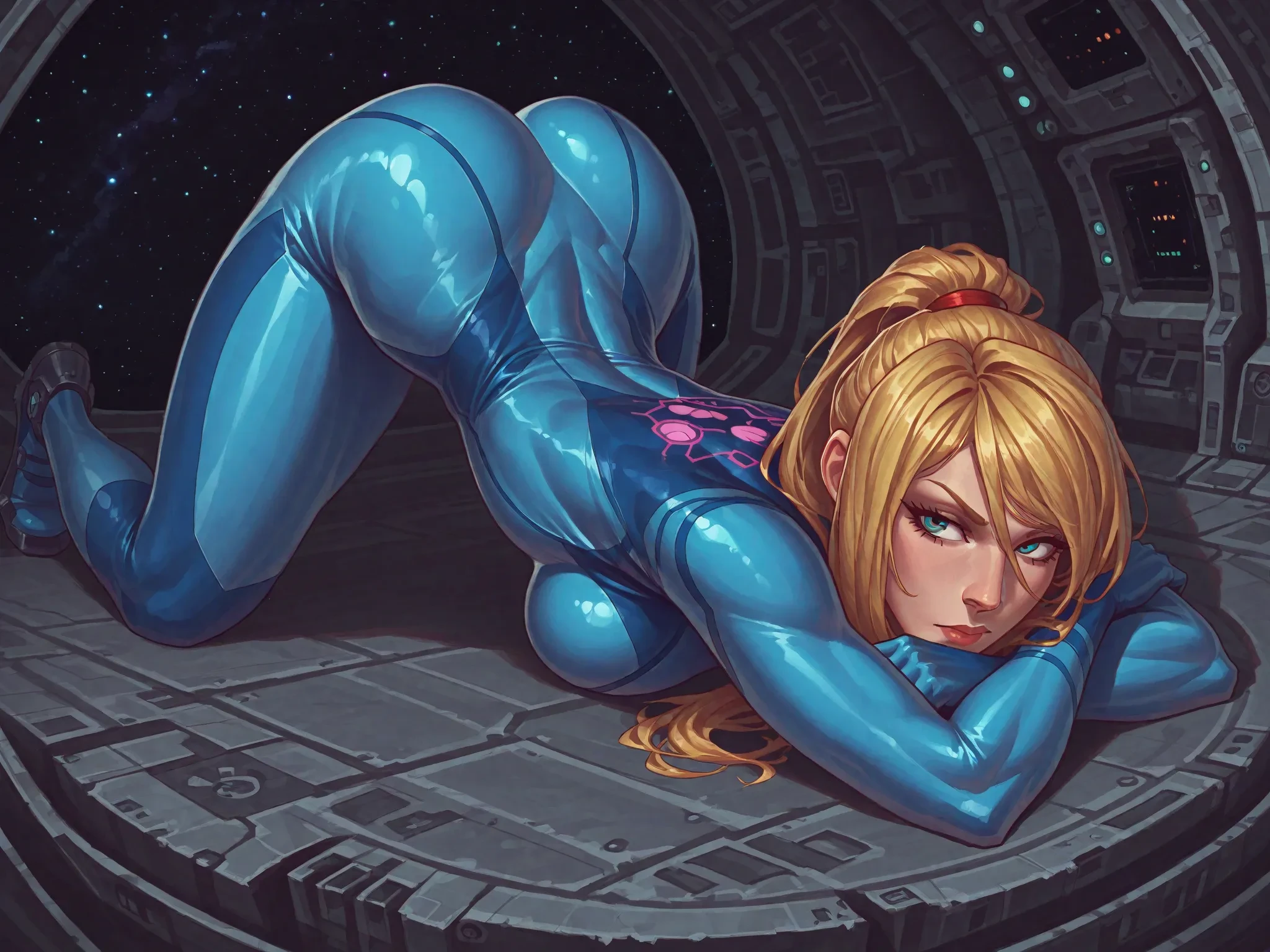 1girl, 1monster, Samus Aran, zero suit, large breasts, eyes blue (detailed:1.0), intense pleasure, realistic, curly hair, blondie, thin, source_anime, ponytail, cute, space ship, outrage on face, space ship, side view, precum, huper crooked cock, hyper cock, venus, blush, blowjob, hyper balls, cum on face, athletic body, mascara under the eyes, acne on cock, pimples cock, balls grab