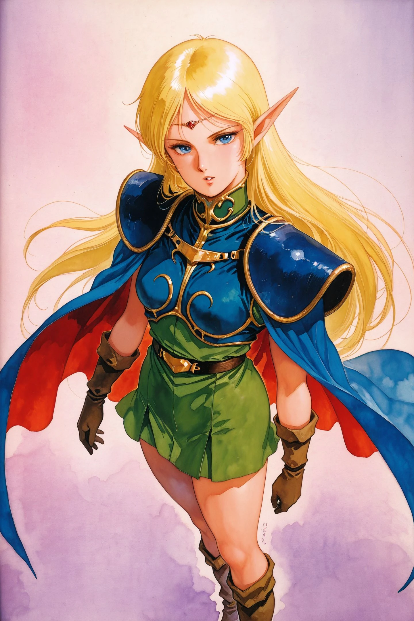 1girl,Deedlit,solo,pointy ears,long hair,blonde hair,gloves,elf,cape,blue cape,blue eyes,boots,from above,circlet,very long hair,shoulder armor,parted lips,looking at viewer,retro artstyle,traditional media,1980s \(style\),watercolor \(medium\),
<lora:yuuki nobuteru_illustriousXL_v2:0.4>,
<lora:Yoshikazu Yasuhiko_illustriousXL:1.2>,