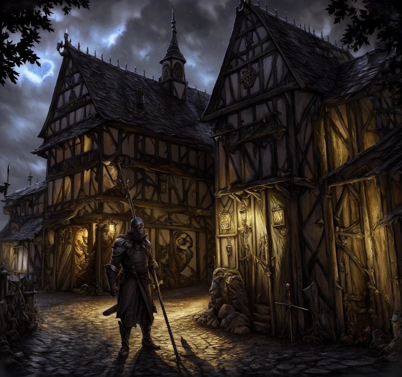 RAW photo, (masterpiece:1.3), subsurface scattering, heavy shadow, (high quality:1.4), (intricate, high detail:1.2), professional photography, HDR, High Dynamic Range, realistic, ultra realistic, photorealistic, high resolution, film photography, ambient lighting, atmospheric effects, <lora:detail_slider_v4:2>, OverallDetail, <lora:Townguard:1>, 1boy, armor, boots, brown gloves, dagger, facial hair, gloves, helmet, holding, male focus, pauldrons, polearm, sheath, spear, staff, standing, sword, townguard, in front of an inn,
<lora:CrossroadsInn:0.7>, architecture, building, crossinn, dark, door, fence, night, outdoors, road, stairs, stone wall, window, wooden fence, <lora:storybook_last:1>