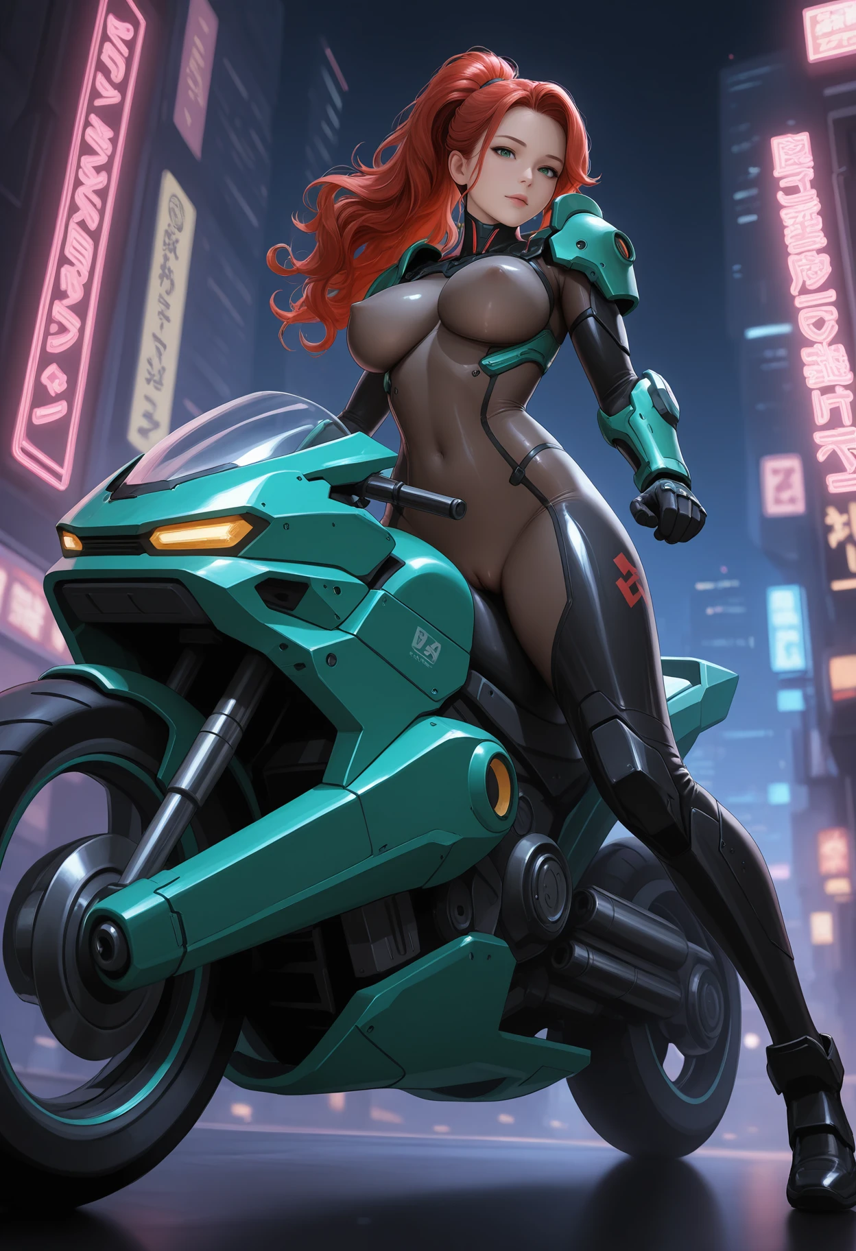 masterpiece, best quality, absurdres, highres, realistic,
science fiction, cyberpunk, cityscape, neon lights,
1girl, red hair, long hair, wavy hair, ponytail, green eyes, ,
japanese armor, green armor, power suit, reverse  armor, see-through black , , , covered ,
riding, on motorcycle, hover bike,
looking at viewer, from below,
wide shot, dutch angle, depth of field,