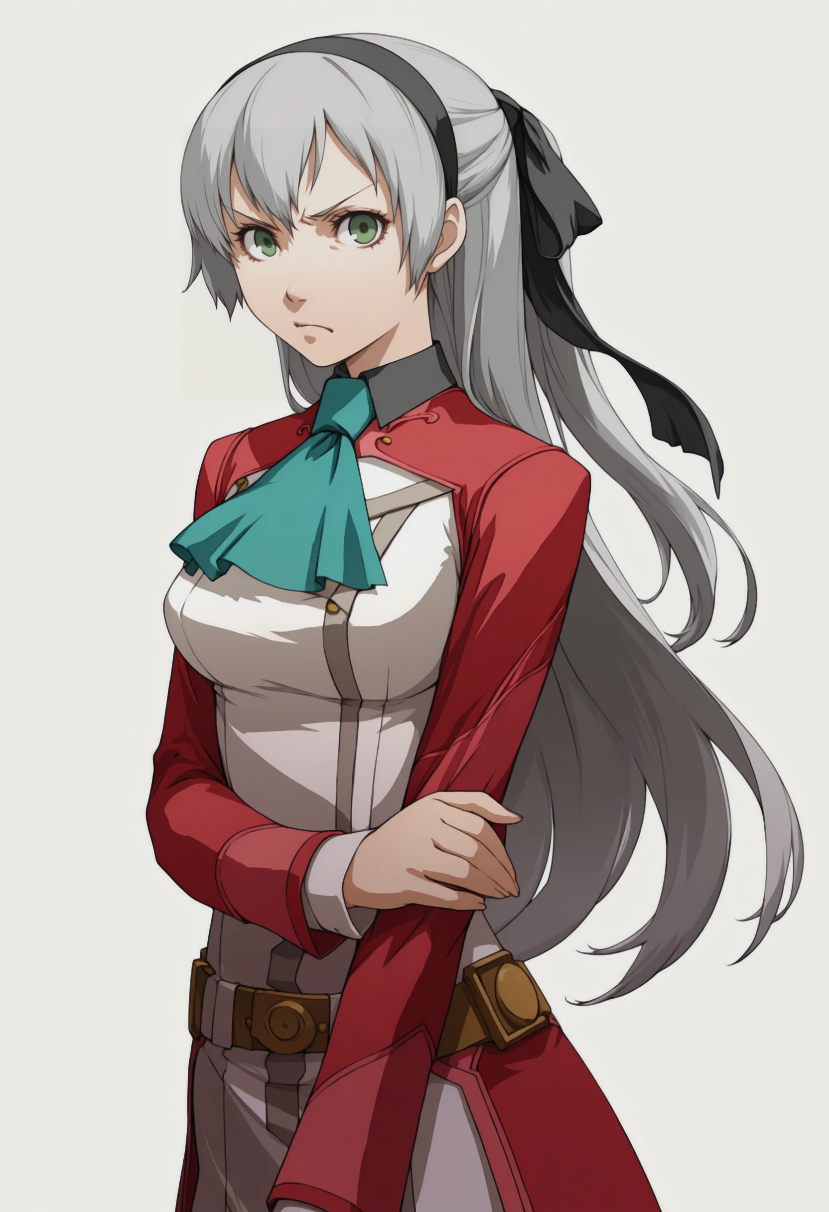 masterpiece, best quality, solo, 1girl, annoyed, looking at viewer,  <lora:P3-Portraits-illus_Fp:1>, simple background, <lora:elie-illu-nvwls-v1:1>, zrelie, grey hair, long hair, half updo, green eyes, black hairband, hair ribbon, white and red uniform, white dress, aqua ascot,