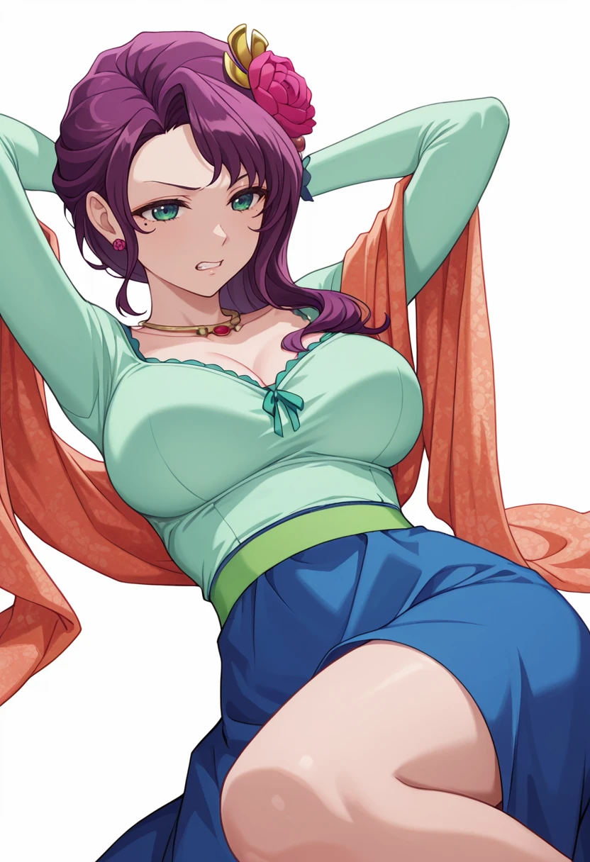 score_9, score_8_up, score_7_up, BREAK 1girl, solo,  izzytd, curly hair, cleavage cutout, crop top, green wristband, midriff, swimsuit, sarong, breasts, sitting, from above, looking at viewer, the pose, couch,