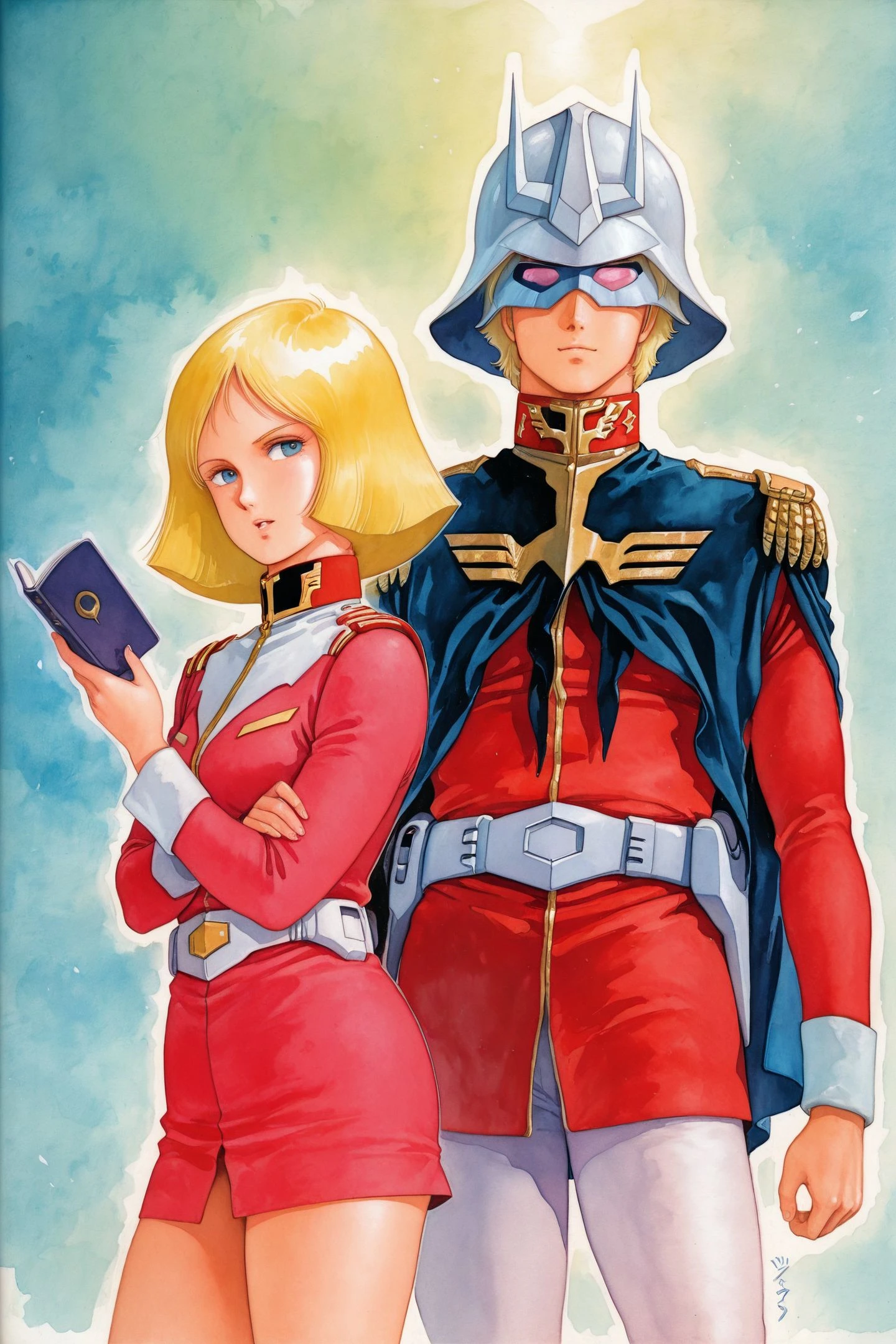 Sayla Mass,char aznable,1girl,uniform,blonde hair,1boy,military uniform,military,mask,short hair,traditional media,belt,1980s \(style\),
<lora:Yoshikazu Yasuhiko_illustriousXL:1>,traditional media,