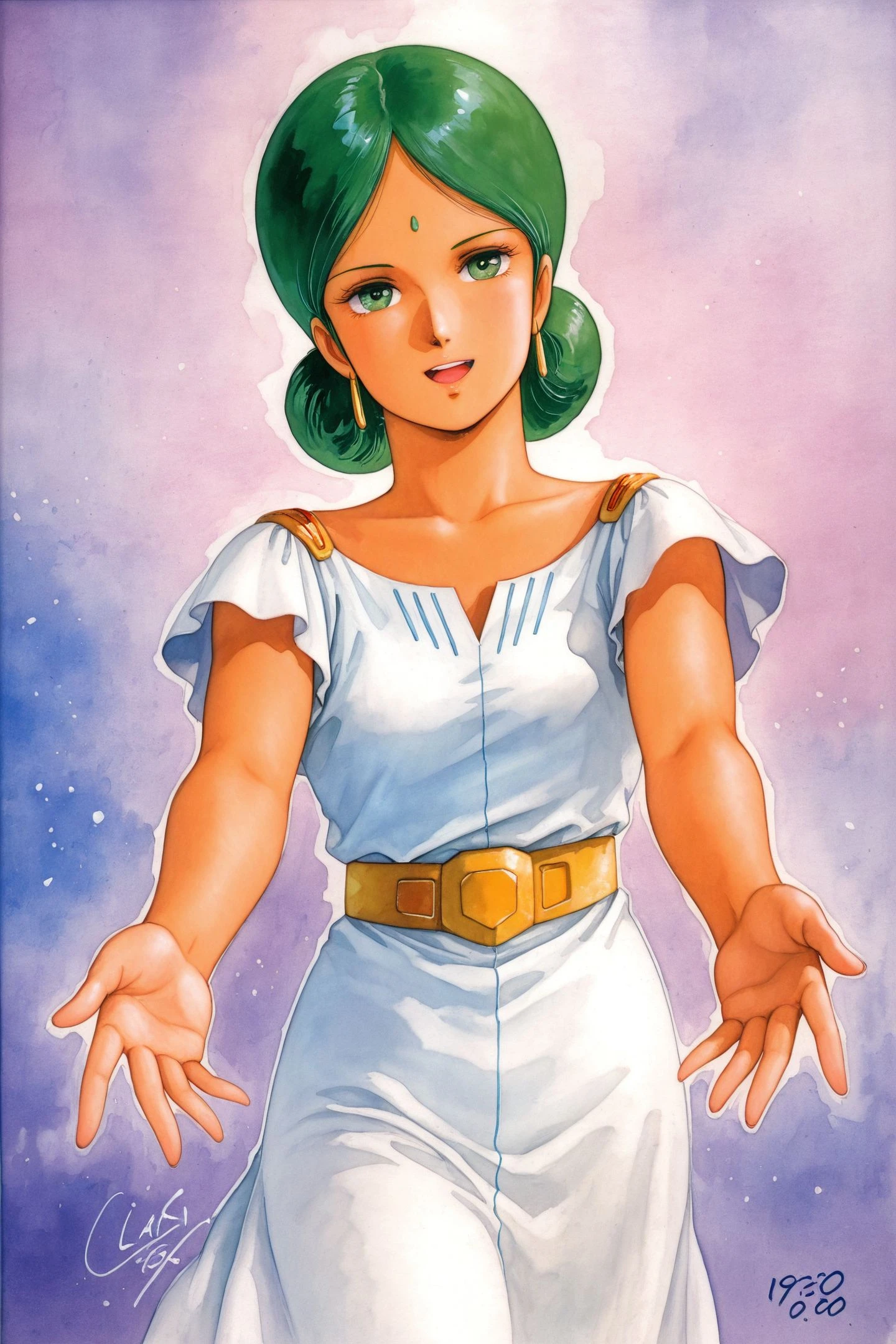 Lalah Sune,1girl,solo,dress,green hair,traditional media,open mouth,smile,white dress,hair bun,green eyes,outstretched arms,signature,1980s \(style\),retro artstyle,
<lora:Yoshikazu Yasuhiko_illustriousXL:1>,traditional media,
