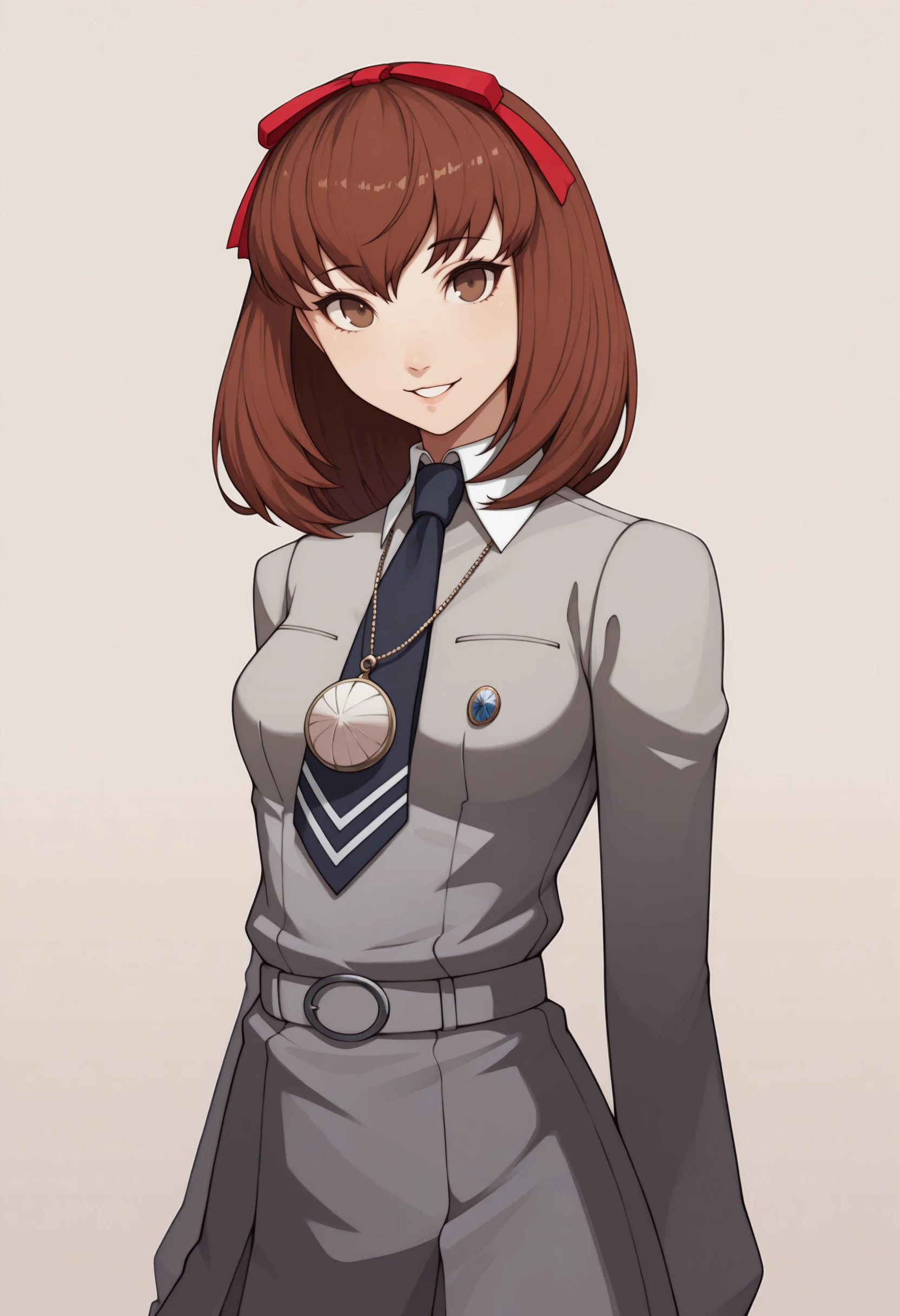 masterpiece, best quality, solo, 1girl, smile, looking at viewer, <lora:P3-Portraits-illus_Fp:1>, simple background, <lora:zs_MakiILLU:1>, makip1, brown hair, medium hair, brown eyes, red hair ribbon, grey dress, white collar, blue tie, belt, necklace, parted lips,