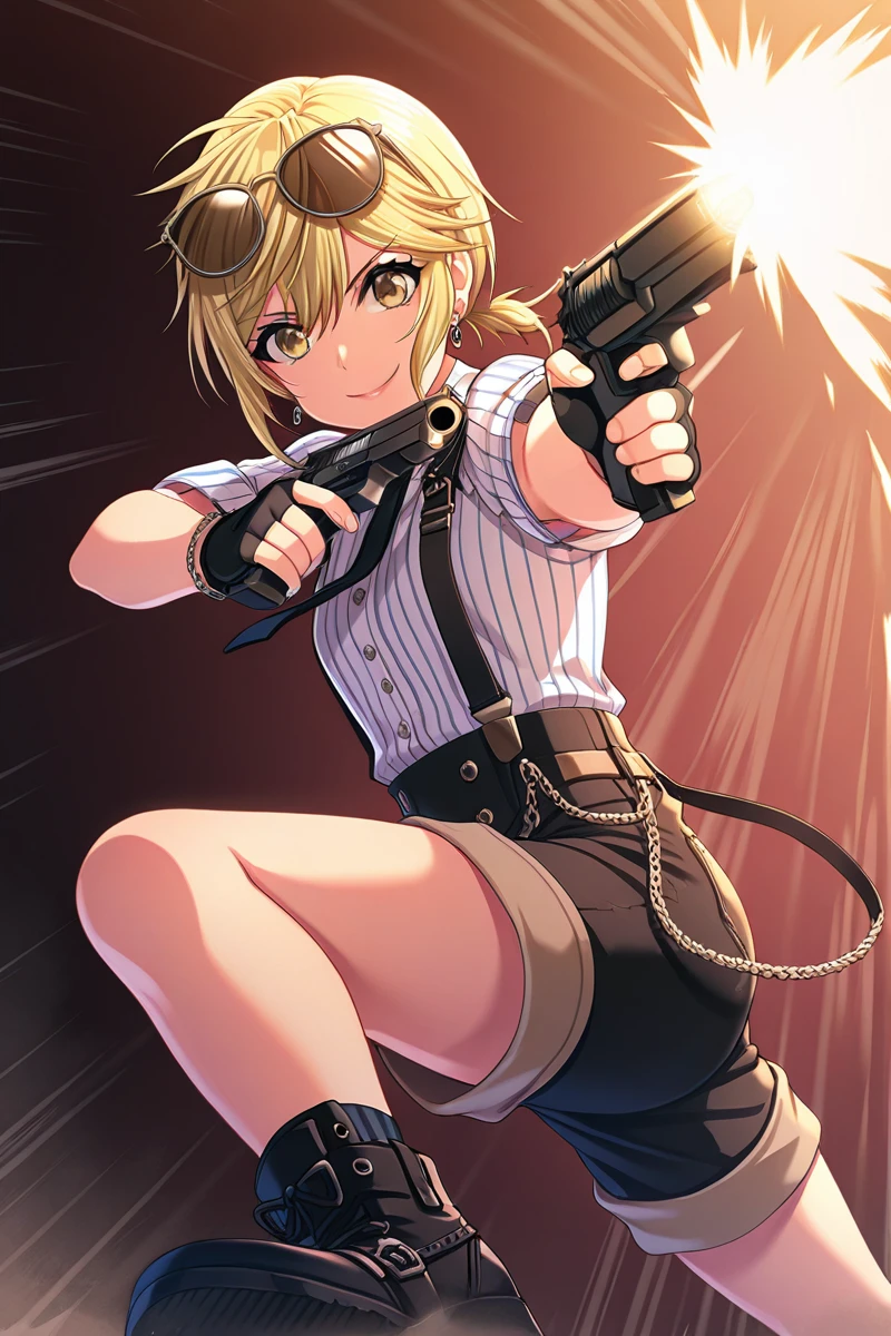 artistic expression of a female in a very tight outfit with a baseball bat in her hand and a guitar in her belt, 1girl, stage lights, blue eyes, blonde hair, hat, long hair, braid, stage, solo, twin braids, microphone, shirt, open mouth, pants, spotlight, breasts, black headwear, black shirt, off shoulder, choker, looking at viewer, black pants