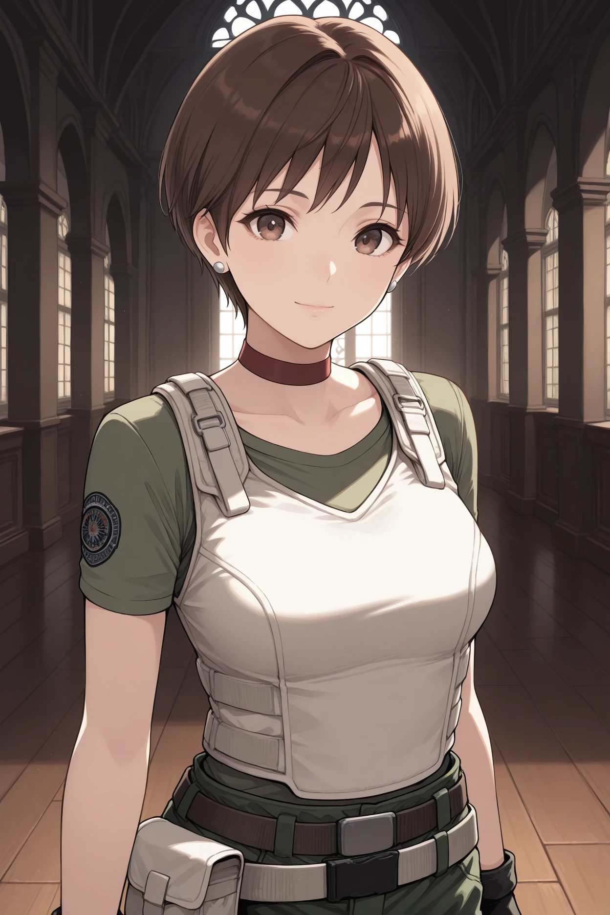 masterpiece, best quality, 1girl, solo, <lora:rerebecca-illu-nvwls-v1-000006:1> rbchm, brown hair, short hair, brown eyes, stud earrings, red choker, white vest, green shirt, short sleeves, belt, belt pouch, fingerless gloves, black gloves, green pants, cargo pants, upper body, looking at viewer, mansion, dark theme, light smile, indoors, wooden floor, medium breasts