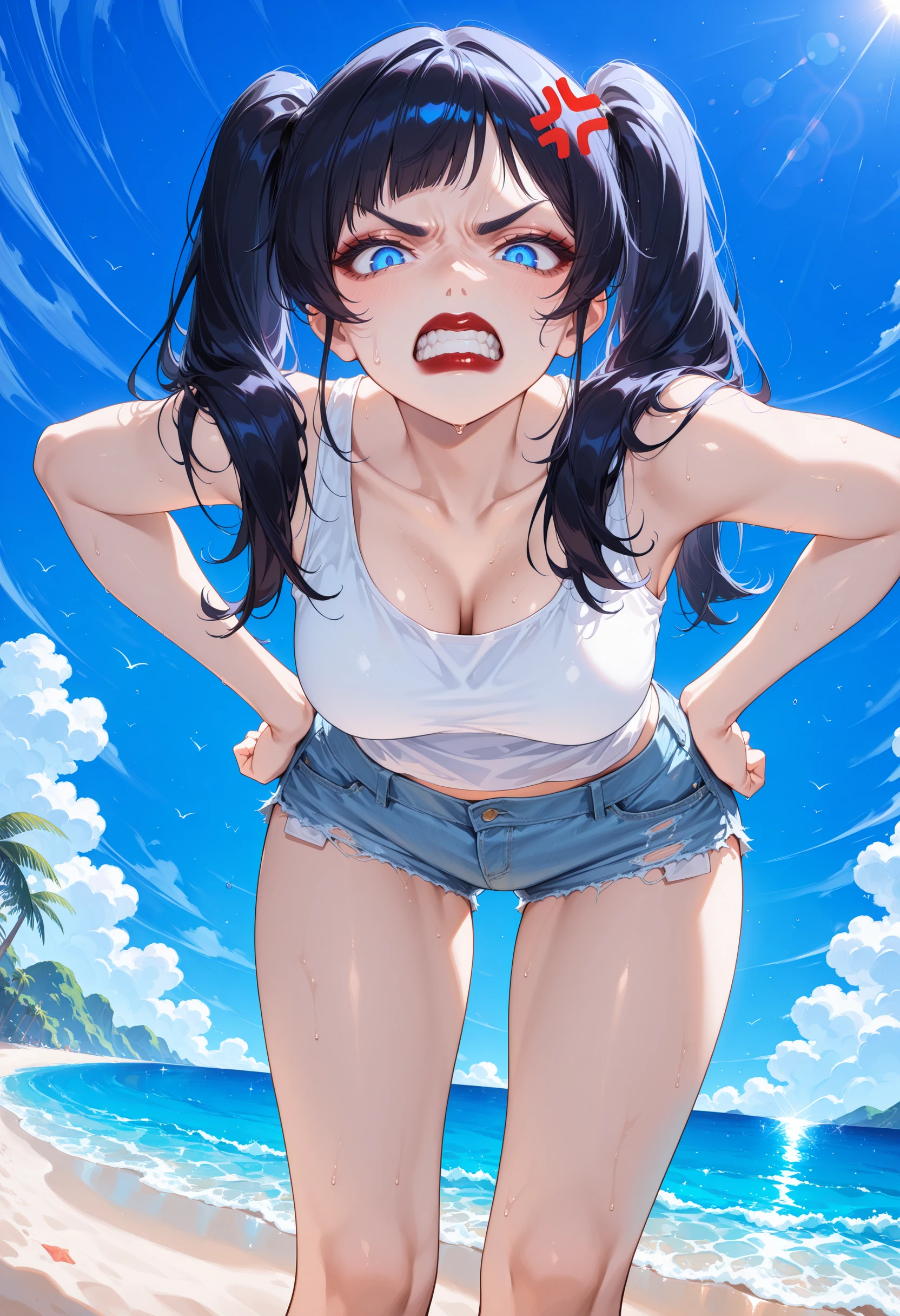 masterpiece, best quality,anime style, 1 girl,(((slender body))), (((small breast))),(((hot pants, white tanktop,red tie))),(((((a gorilla man grabbing the girl))))), ((((restrained, arms behind back)))),((((cum)))), (beautiful face), (((long hair))), (((straight hair))), ((((blue hair)))),detailed beautiful skin, (perfect hands, perfect anatomy)