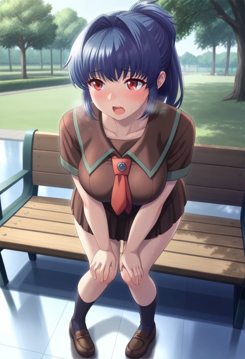 masterpiece, best quality, amazing quality, 1girl, solo, ikumiww, red eyes, blue hair, long hair, ponytail, hair intakes, large breasts, school uniform, brown serafuku, collarbone, brown shirt, short sleeves, red necktie, brown pleated skirt, <lora:Yasuda_Ikumi_Yuumei_Sakai_o_Koto_ni_Suru_ill:0.8>, from above, full body, standing, bent over, hands on own knees, pigeon-toed, sweat, sweatdrop, blush, open mouth, heavy breathing, steaming body, outdoors, park, day, reflective floor, park bench, skindentation, detailed clothing folds, depth of field, sharp, high contrast, dynamic light