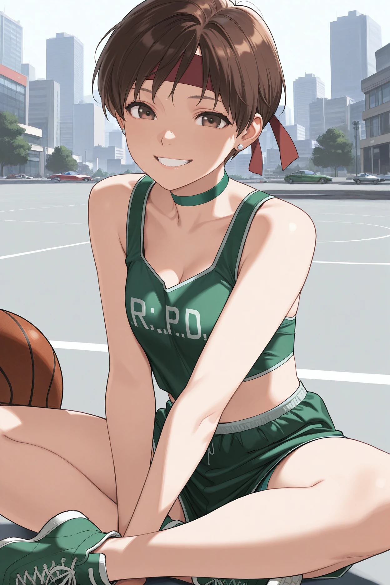 masterpiece, best quality, 1girl, solo, <lora:rerebecca-illu-nvwls-v1-000006:1> rbchm, brown hair, short hair, brown eyes, stud earrings, red headband, green choker, green sports bra, clothes writing, green shorts, short shorts, green sneakers, indian style, basketball, on ground, city, smile, looking at viewer, grin