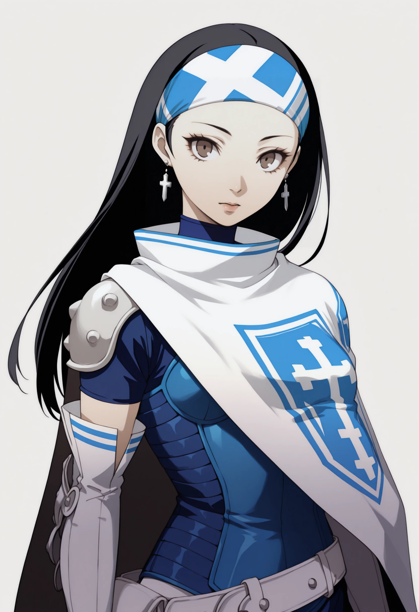 masterpiece, best quality, solo, 1girl, looking at viewer, <lora:P3-Portraits-illus_Fp:1>, simple background, <lora:beth-smt-richy-v1_ixl:1>, bth, brown eyes, black hair, long hair, headband, cross earrings, blue armor, blue tunic, belt, white cape, white gloves, elbow gloves,