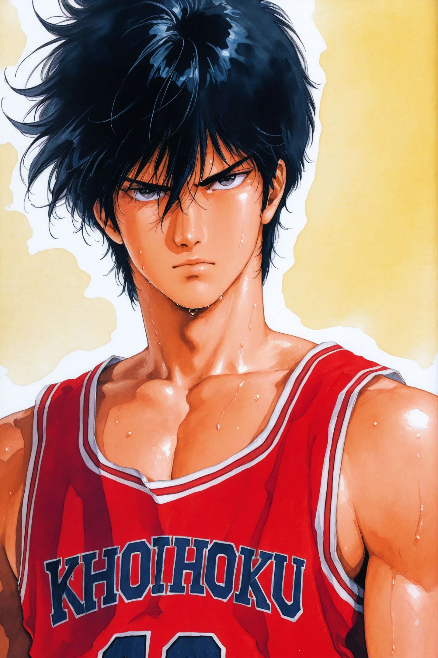 Rukawa Kaede,red basketball uniform,1boy,male focus,solo,sportswear,black hair,sweat,sleeveless,spiked hair,closed mouth,traditional media,hair between eyes,bangs,black eyes,looking at viewer,serious,clothes writing,upper body,retro artstyle,1980s \(style\),watercolor \(medium\),
<lora:Inoue Takehiko_illustriousXL:0.6>,
<lora:Yoshikazu Yasuhiko_illustriousXL:1>,