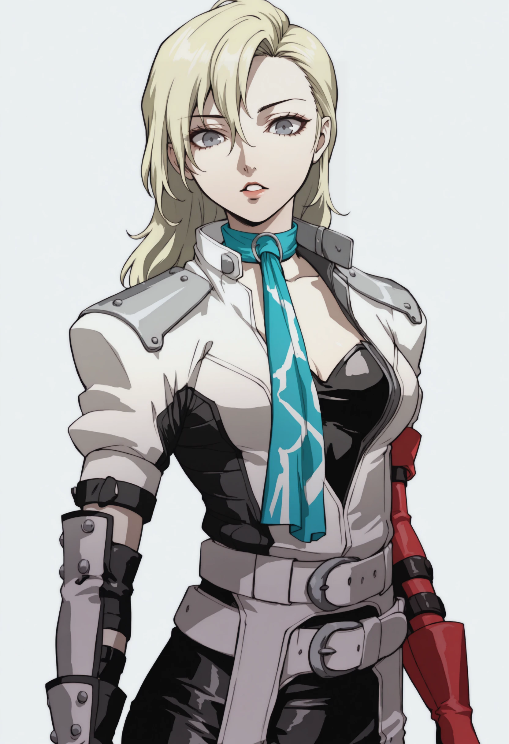 masterpiece, best quality, solo, 1girl, looking at viewer, <lora:P3-Portraits-illus_Fp:1>, simple background, <lora:hiroko-smt-richy-v1_ixl:1>, hrk, grey eyes, blonde hair, long hair, hair behind ear, blue scarf, white jacket, breasts, armor, black leotard, black shorts, white belt, black glove, elbow glove, red glove, asymmetrical gloves, parted lips,