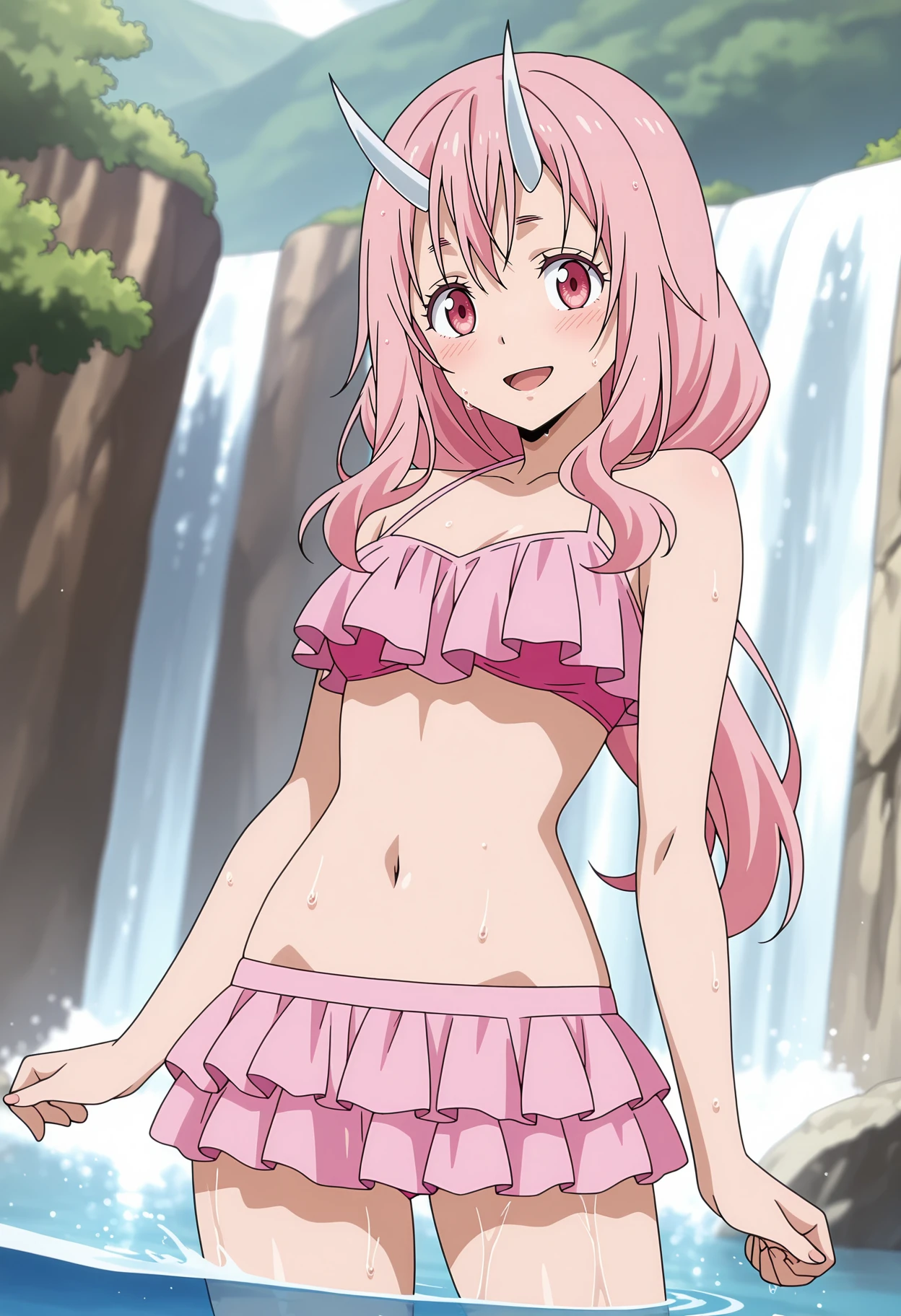 anime screencap, masterpiece, best quality,
<lora:TenSura_Shuna_IlluXL:0.9>,
1girl, solo, open mouth, smile, blush,
oni, long hair, pink hair, pink eyes, white horns,
frilled bikini, pink bikini, bikini skirt, frilled skirt,
wet body, wet hair,
partially submerged, looking at viewer, cowboy shot,
outdoors, scenery, waterfall, water, blurry background