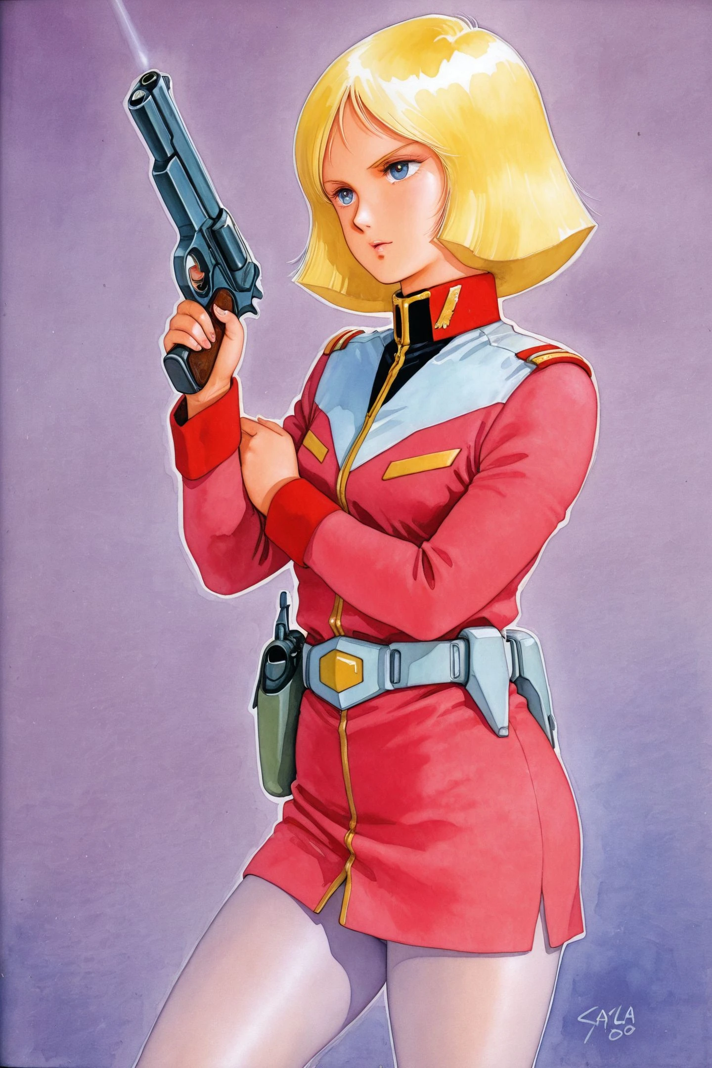 Sayla Mass,1girl,weapon,solo,gun,blonde hair,uniform,pantyhose,military,short hair,traditional media,military uniform,handgun,1980s \(style\),retro artstyle,science fiction,belt,
<lora:Yoshikazu Yasuhiko_illustriousXL:1>,