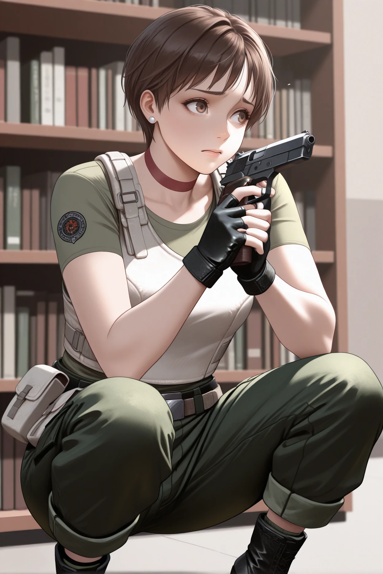 masterpiece, best quality, 1girl, solo, <lora:rerebecca-illu-nvwls-v1-000006:1> rbchm, brown hair, short hair, brown eyes, stud earrings, red choker, white vest, green shirt, short sleeves, belt, belt pouch, fingerless gloves, black gloves, green pants, cargo pants, black boots, ankle boots, squatting, holding pistol, looking to the side, worried, bookshelf