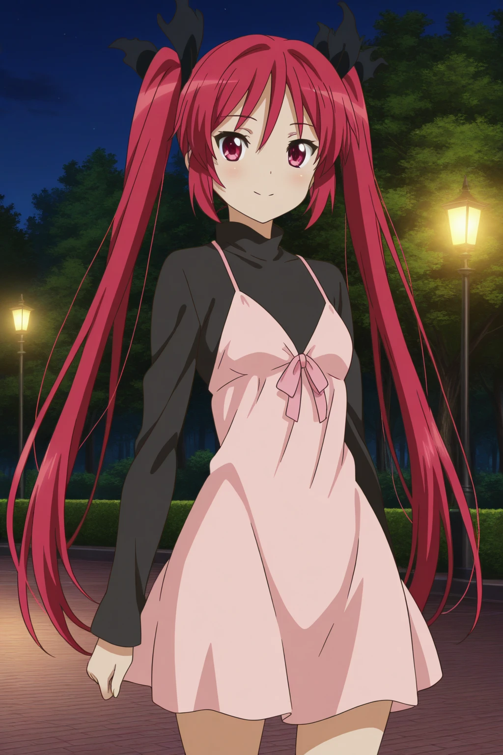 very awa, detailed eyes, shining eyes, masterpiece, best quality, ultra-detailed, (8k), (hdr), absurdres, looking at viewer, solo, 1girl, girl, outdoors, night, park, smile, aakuuko, red eyes, red hair, twintails, black ribbon, black hair ribbon, kuukoc1, pink dress, long dress, spaghetti strap, black shirt, black sleeves, long sleeves, ((standing, cowboy shot))
