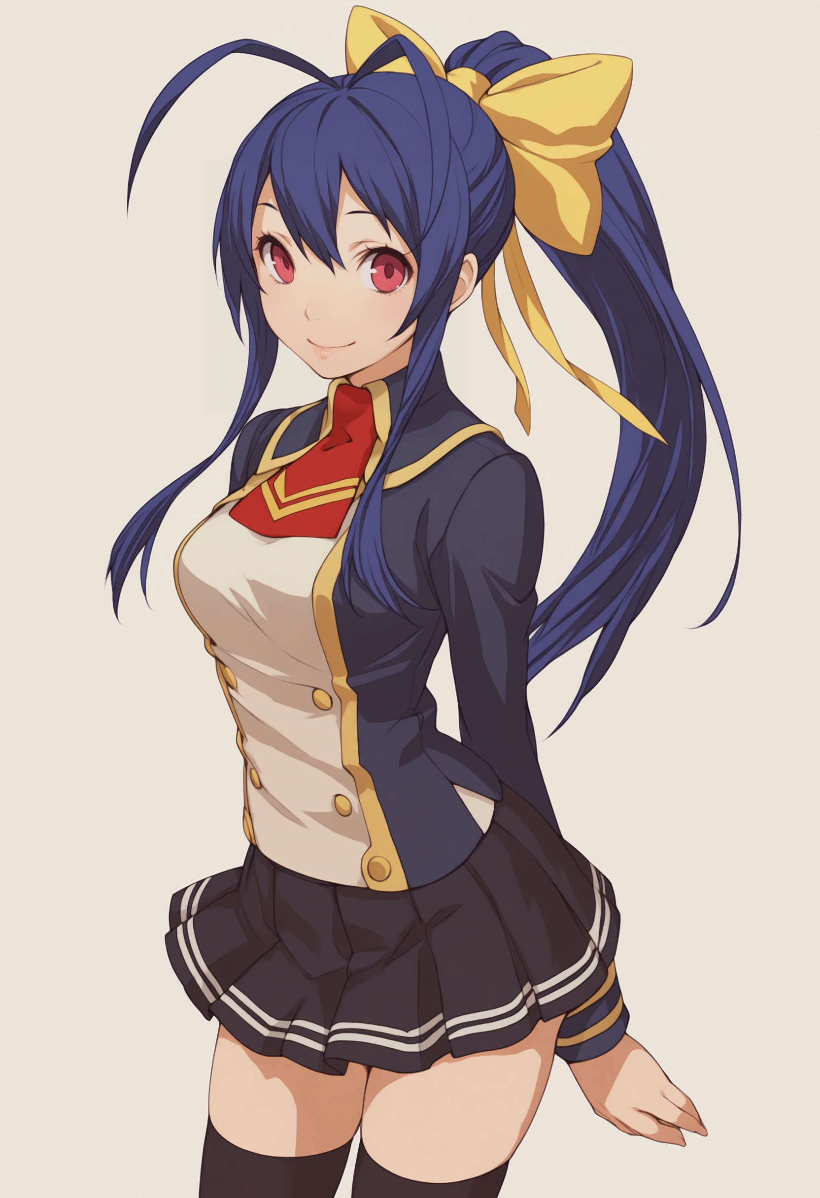masterpiece, best quality, solo, 1girl, smile, looking at viewer, <lora:P3-Portraits-illus_Fp:1>, simple background, <lora:NatsumeMaiBBIllustrious:1>, NTSMABB, long hair, antenna hair, blue hair, yellow bow, ponytail, blazer, school uniform, black pleated skirt, thighhighs,