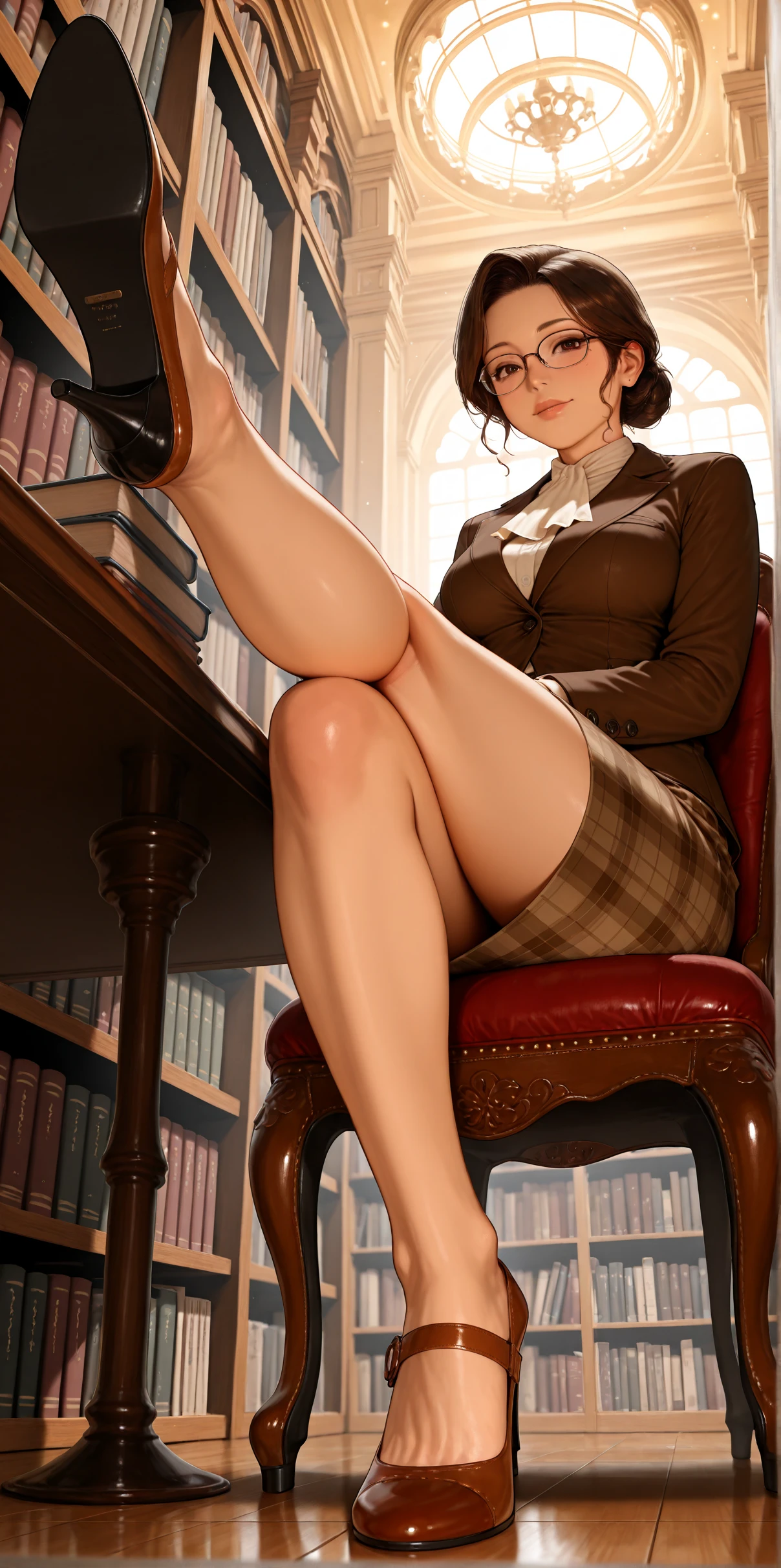 masterpiece, best quality,
realistic, mature adult woman,
(low angle:1.2), from side,
long brown plaid skirt, brown blazer, librarian,
(foot focus:1.2),
(heels),
interior, library, (wide angle),
sitting in a chair, (victorian theme:1.1), table, stacks of books,
leg up,
1girl,
cute face, perfect face,
brown eyes, glasses,
nerdy girl,
(horny),
medium breasts, petite, narrow hips,
brown hair, hair bun,