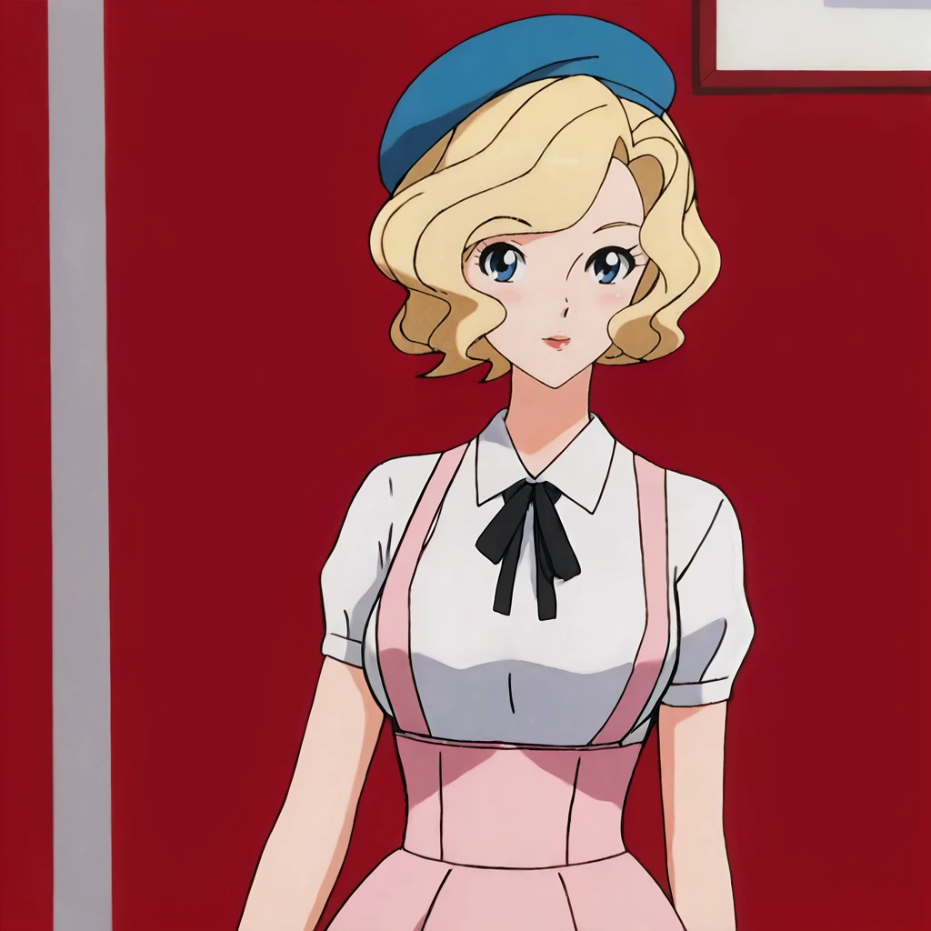 <lora:lori&loumazinkaiser_pony_v1:.7> Lori&LoruMazinKaiserPinkDress, solo, 1girl, blonde hair, medium breasts, short hair, blue eyes, cowboy shot, <lora:0902 Home wear 5_v1_pony:1> ruanyi0902,beret,black ribbon,collared shirt,black pantyhose,high-waist skirt,white shirt,suspenders