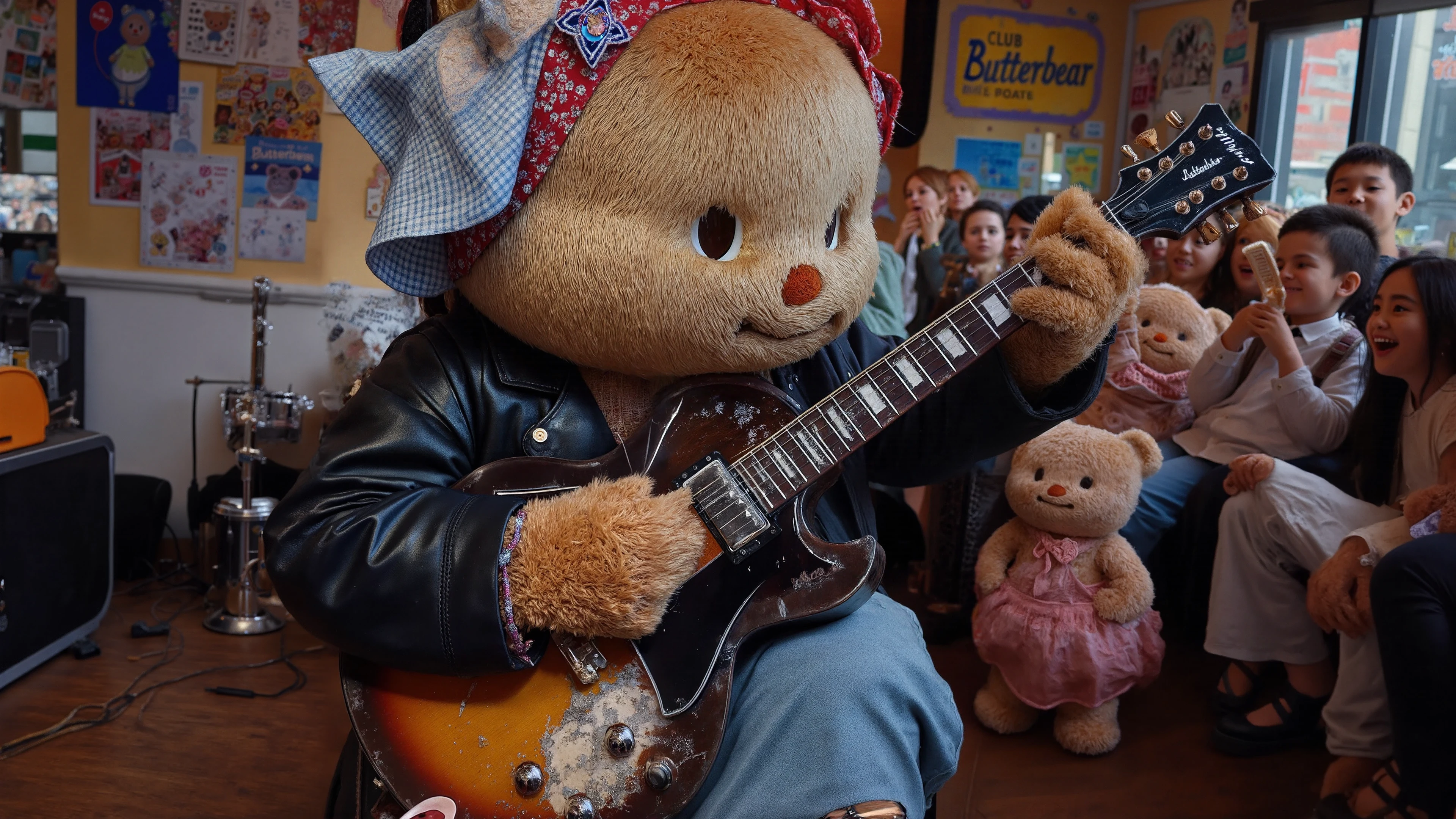 Butterbear, Thai, fur, realistic, fuzzy, fantasy character, fun, whimsical, muscial instruments, she is playing the guitar, rocking out in the Club Butterbear, a sign on the wall says 'Club Butterbear', solo, vintage hat, vintage rocker clothing, leather jacket, electric guitar, indoors, music, teddy bear, wooden floor, some watch her on stage, desktop wallpaper, full body in frame, RAW photo, detailed photograph,8K,extreme photography,masterpiece,trending, pulls the viewer in,film grain,photographed on a Sony A7R IV,18mm F/1.7 cine lens,(highly detailed, intricately detailed),HDR, cinematic film still, highly detailed, high budget, cinemascope, colourful