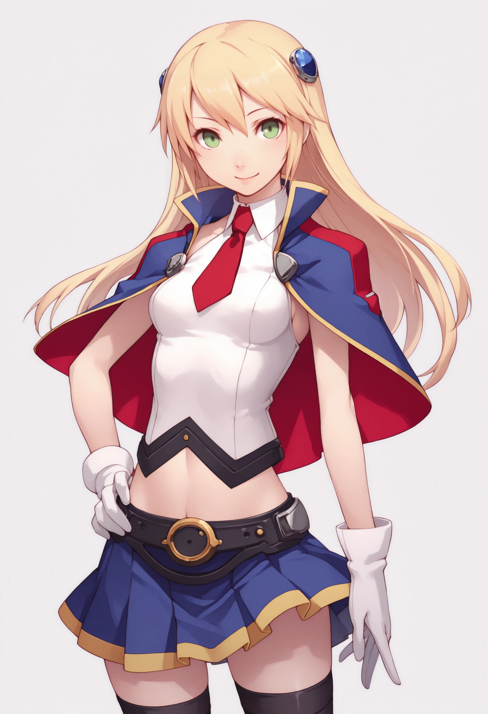 masterpiece, best quality, solo, 1girl, smile, looking at viewer, <lora:P3-Portraits-illus_Fp:1>, simple background, <lora:NoelleVermllionBBIllustrious:1>, NLLBLZB, blonde hair, long hair, hair ornament, green eyes, collared capelet, red necktie, white shirt, midriff, blue pleated skirt, black thighhighs, white gloves, hand on own hip,