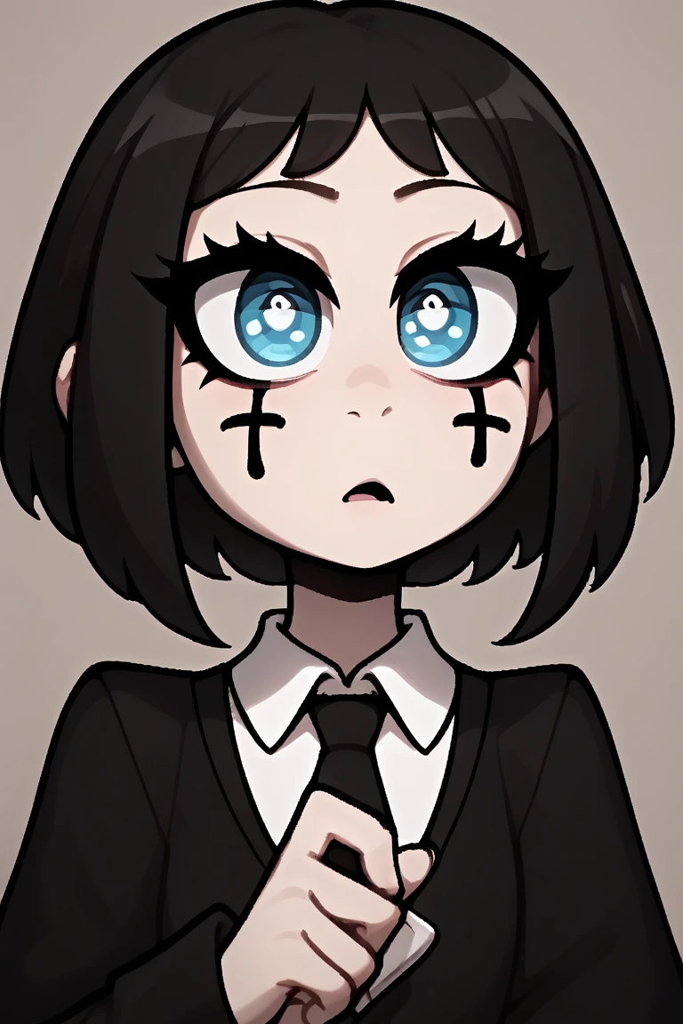 1girl,portrait, uneven bangs, face writing, almond eyes, solemn, big eyes
gothic_glittercore