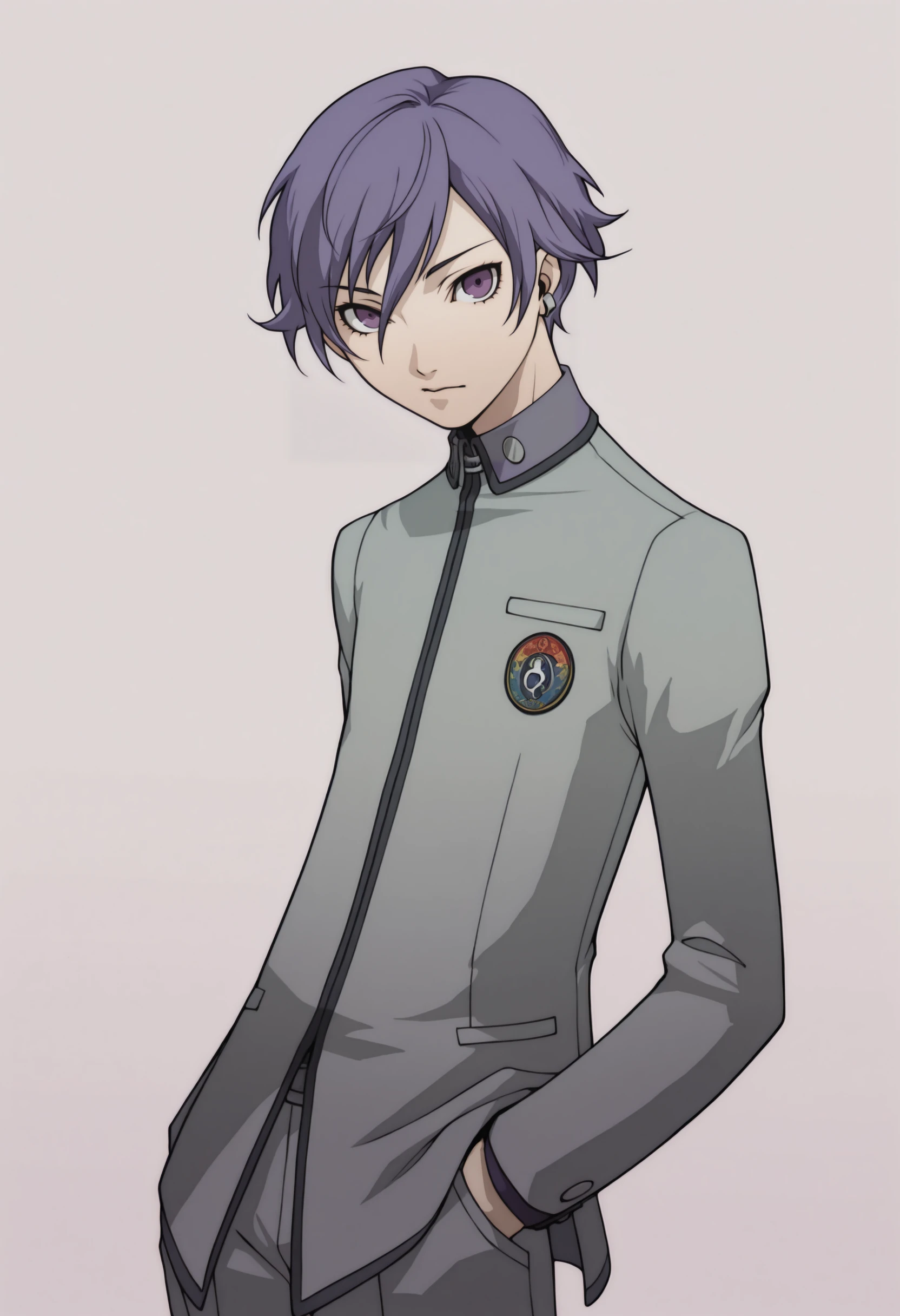 masterpiece, best quality, solo, 1boy, looking at viewer, <lora:P3-Portraits-illus_Fp:1>, simple background, <lora:Naoya-illus_Fp:1>, naoyap1, purple hair, purple eyes, school uniform, hair between eyes, short hair, single earring, grey pants, hand in pocket,