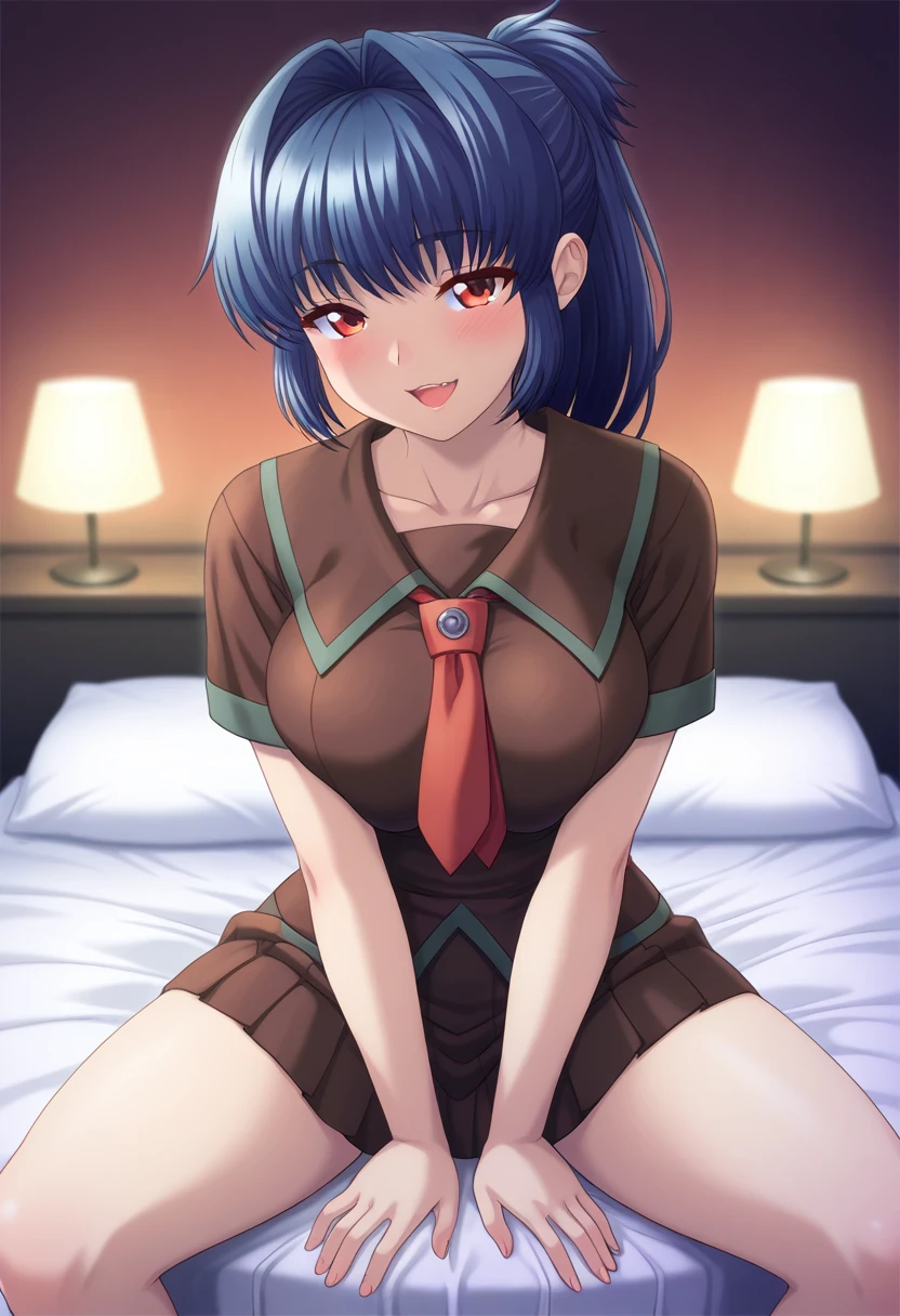 masterpiece, best quality, amazing quality, 1girl, solo, ikumiww, red eyes, blue hair, long hair, ponytail, hair intakes, large breasts, school uniform, brown serafuku, collarbone, brown shirt, short sleeves, red necktie, brown pleated skirt, <lora:Yasuda_Ikumi_Yuumei_Sakai_o_Koto_ni_Suru_ill:0.8>, indoors, bedroom, sitting, on bed, legs apart, arms between legs, looking at viewer, seductive smile, blush, open mouth, skindentation, detailed clothing folds, depth of field, sharp, high contrast, dynamic light
