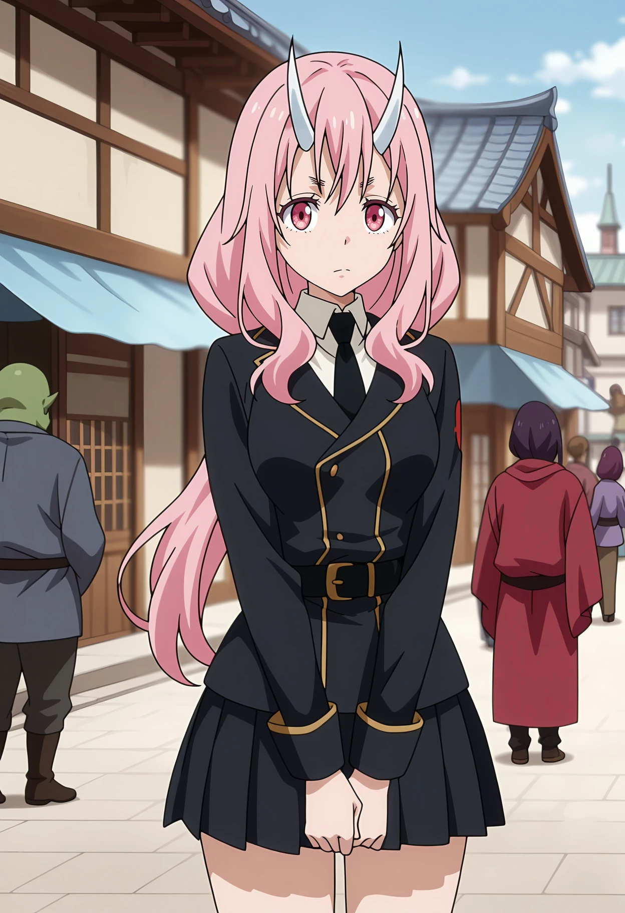 anime screencap, masterpiece, best quality,
<lora:TenSura_Shuna_IlluXL:0.9>,
1girl, solo, serious,
oni, long hair, pink hair, pink eyes, white horns,
black jacket, black necktie, black belt, pleated skirt, black skirt,
v arms, looking at viewer, cowboy shot,
east asian architecture, city, street, medieval, people, orc, outdoors, blue sky, solo focus, blurry background