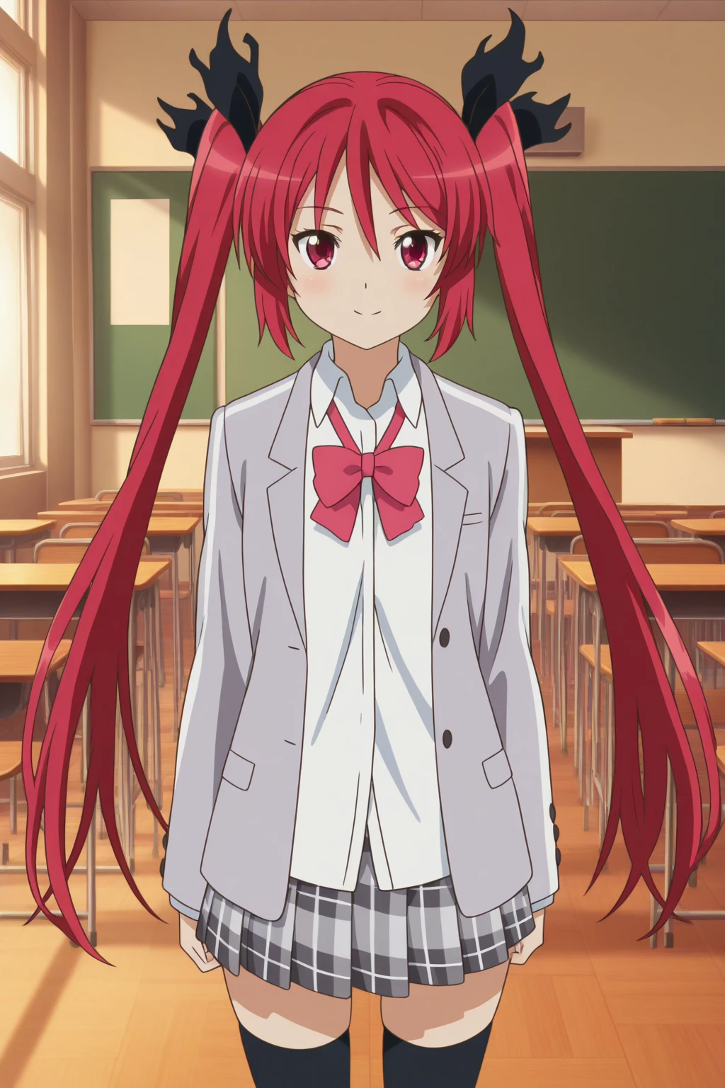 very awa, detailed eyes, shining eyes, masterpiece, best quality, ultra-detailed, (8k), (hdr), absurdres, looking at viewer, solo, 1girl, girl, indoors, classroom, smile, aakuuko, red eyes, red hair, twintails, black ribbon, black hair ribbon, kuukoschool, school uniform, red bow, dress shirt, collared shirt, blazer, grey jacket, grey skirt, plaid skirt, pleated skirt, black thighhighs, ((standing, cowboy shot))