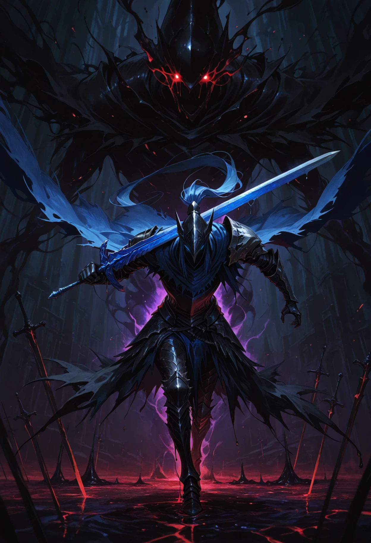 masterpice,scenery,abstract oil painting,wide shot,scenery,1boy,artorias the abysswalker,leaning forward,weapon over shoulder,holding sword,black armor,long floating cape,helmet,dark aura surrounding him,swalloed by darkness,dripping black goo,glowing eyes,eternal void,