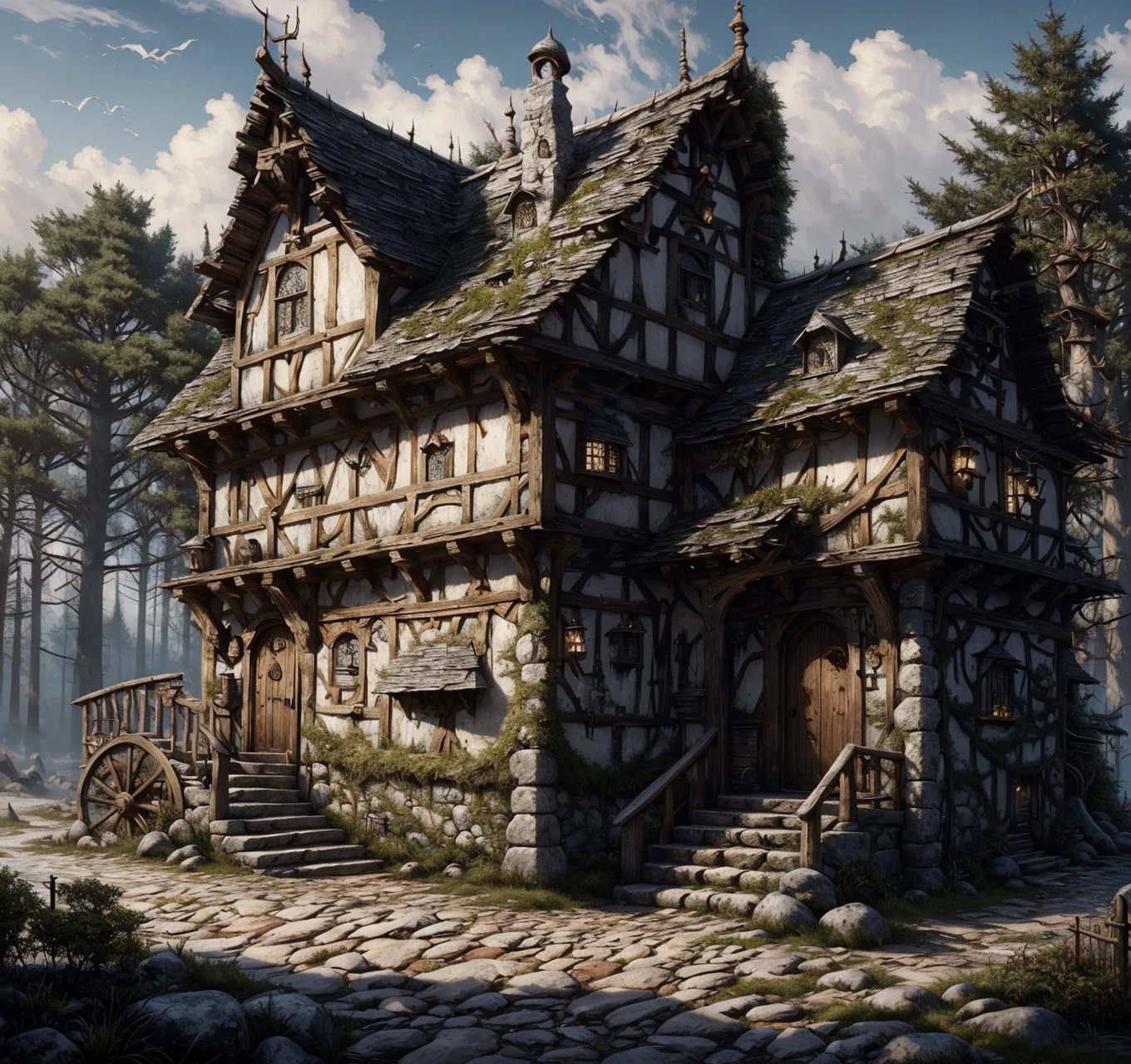 RAW photo, (masterpiece:1.3), subsurface scattering, heavy shadow, (high quality:1.4), (intricate, high detail:1.2), professional photography, HDR, High Dynamic Range, realistic, ultra realistic, photorealistic, high resolution, film photography, ambient lighting, atmospheric effects, <lora:detail_slider_v4:2>, OverallDetail, <lora:CrossroadsInn:1>, ambiguous gender, bare tree, brown hair, bucket, building, bush, cafe, cart, chimney, cloudy sky, crossinn, day, door, fantasy, fog, garden, gate, gradient background, grass, grey sky, holding, horse, house, ladder, lamp, landscape, lantern, nature, outdoors, overgrown, pavement, pine tree, plant, potted plant, scenery, sheath, stairs, stone floor, stone stairs, stone wall, town, water, wheel, window, wooden fence , <lora:storybook_last:1.2>