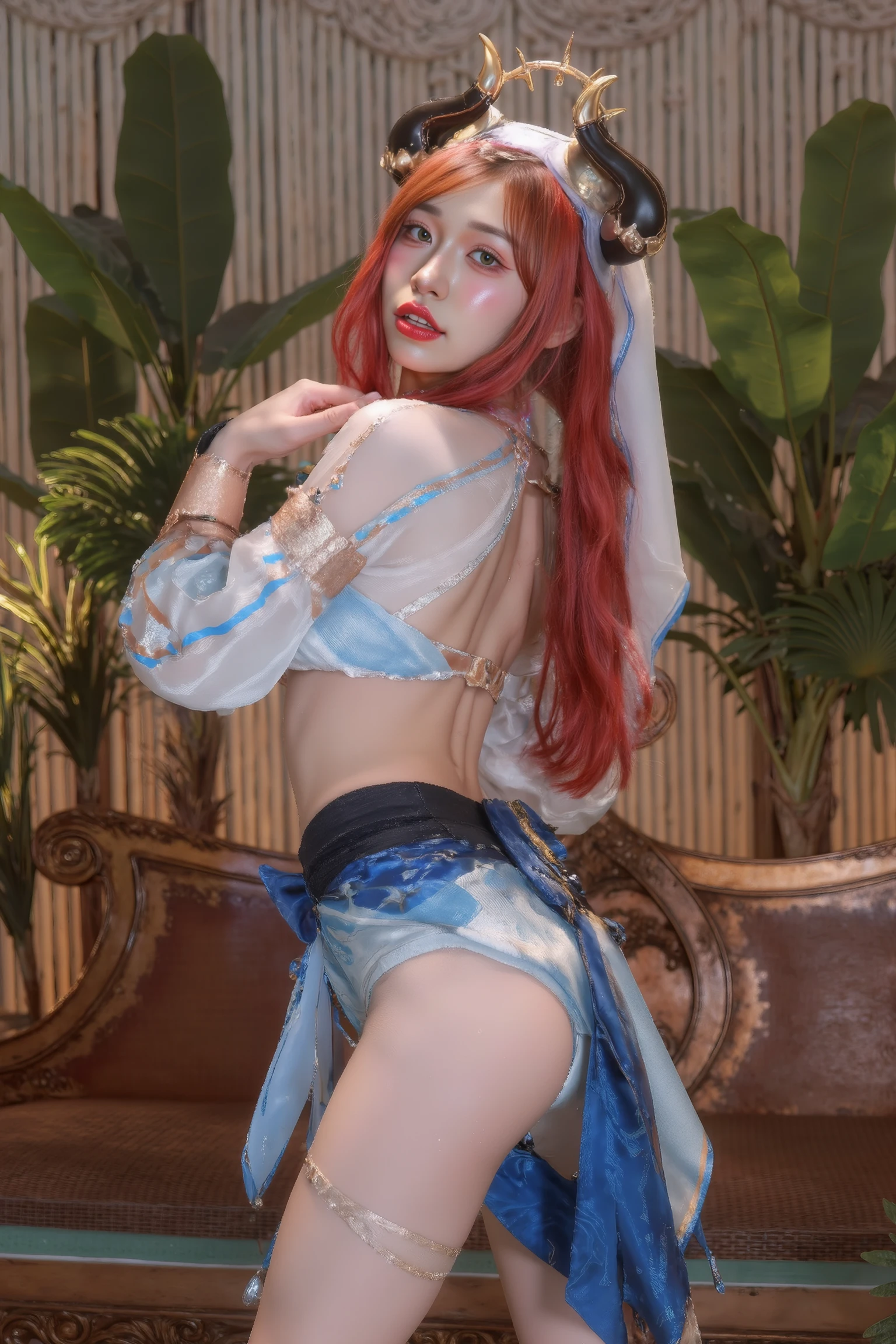 photorealistic, high resolution, soft light,1women, solo, hips up, shining skin, (detailed face), A woman wearing an idol of the god Anubis on her head, jewelry, tattoo, nice breast, huge breast, breast focus, Breast kneading