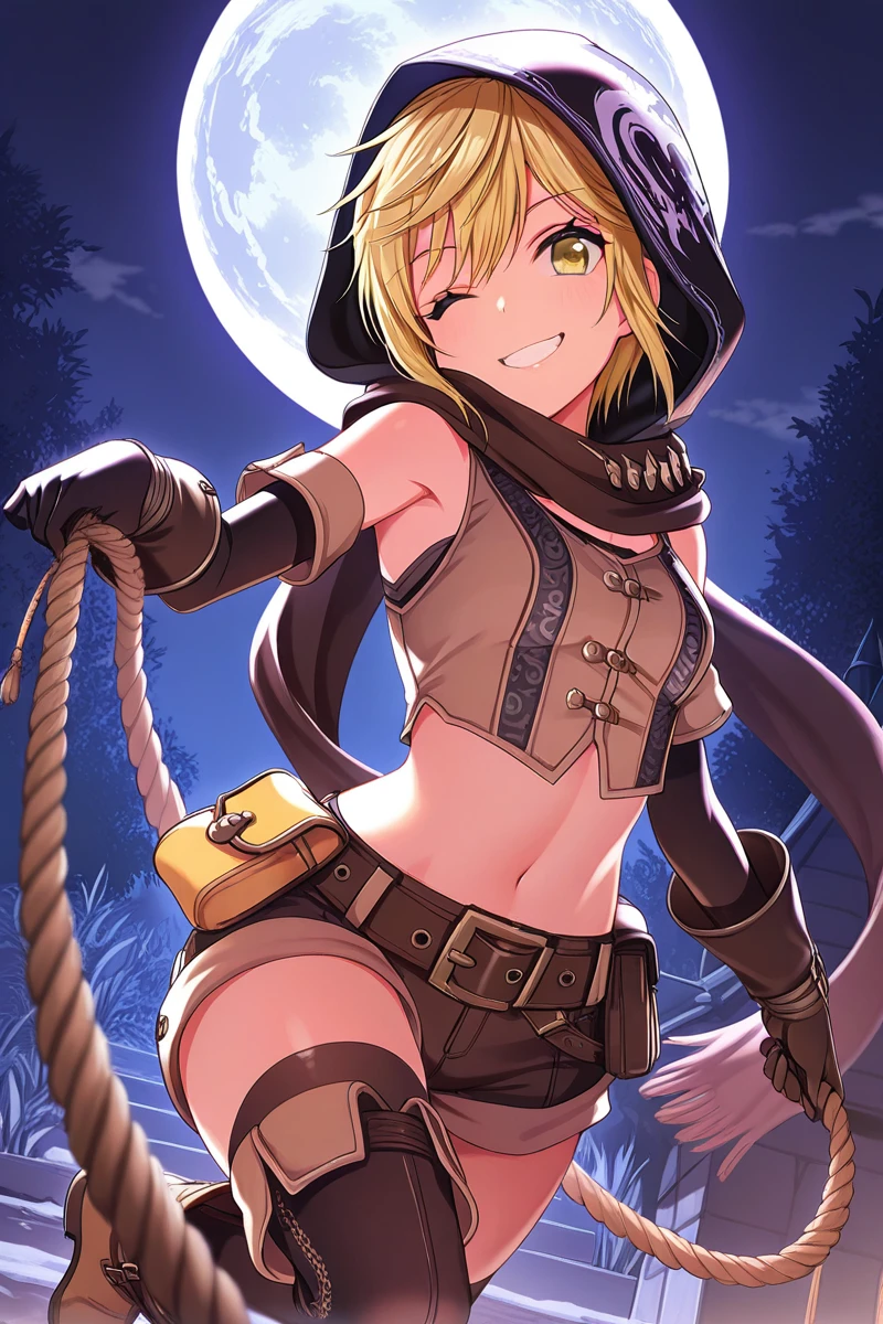 (Super detailed:1.3), ((((best quality)))), ((masterpiece)), female focus, solo, powerful glow, detailed face, detailed eyes, detailed lips,dark forest background,(starry night sky), blue moon,((dirty blonde hair)),short hair,shaggy hair, (wearing hood:1.3), green eyes, (pale skin:1.2),((smirk)),almond-shaped eyes,cute face,close-up shot, depth of field, (yellow scarf:1.2),(black hood:1.2),young girl,(teenager),(goggles:1.2),(????), European ninja,dark colored sleeves,gloves,big belt,(nsfw:1.2)