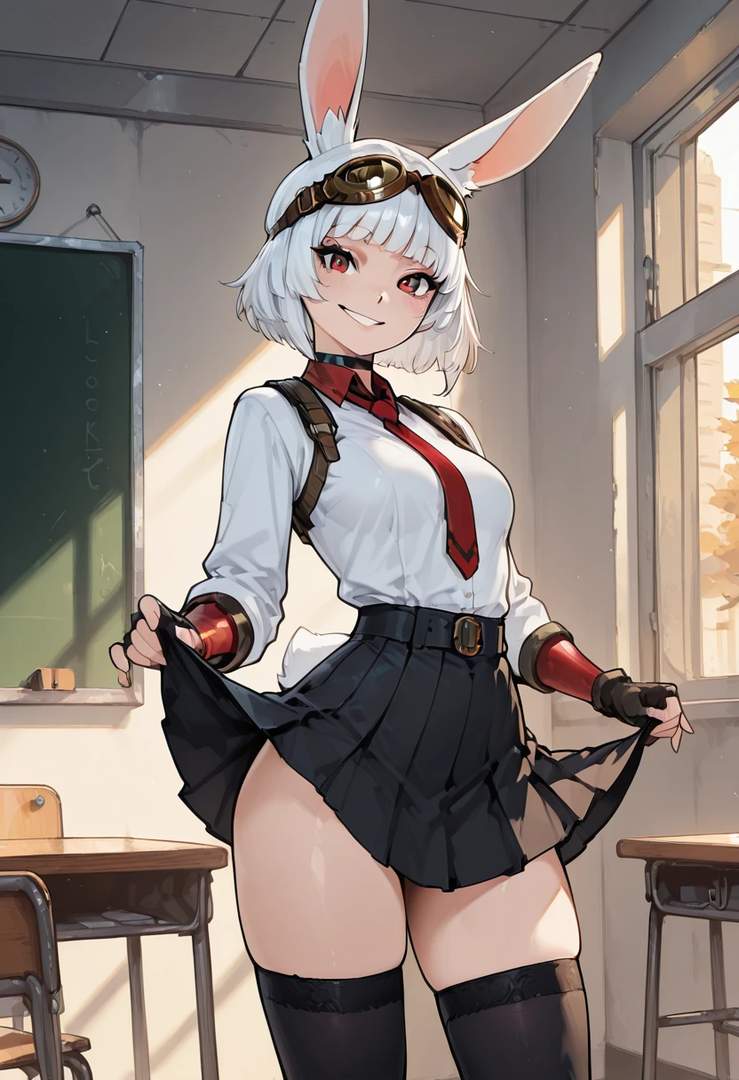 masterpiece, best quality, 1girl, solo, eyelashes, (beautiful eyes), narrow waist, wide hips, smile, SilvaCitronOC, red eyes, white hair, short hair, rabbit ears, rabbit girl, animal nose, goggles on head, 1girl, solo, <lora:SilvaCitronOC_IXL:0.8>, 1girl, solo, breasts, looking at viewer, skirt, shirt, thighhighs, long sleeves, medium breasts, school uniform, standing, white shirt, thighs, pleated skirt, parted lips, necktie, black thighhighs, indoors, black skirt, clothes lift, window, skirt lift, lifted by self, desk, classroom, school desk, green necktie