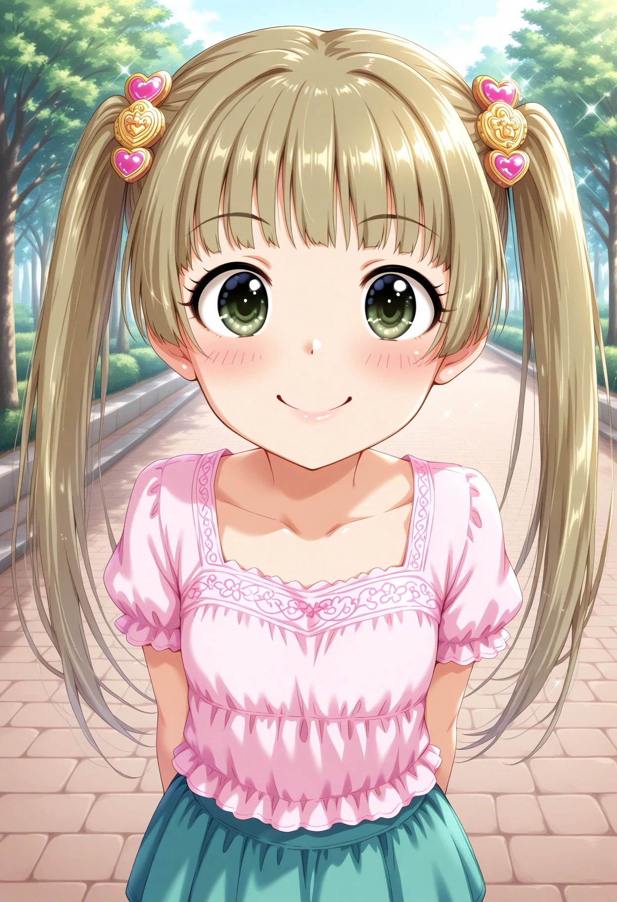 masterpiece, best quality, amazing quality, 1girl, solo, makeup, blush, upper body, perspective, sparkle, outdoors(random), smile, v, <lora:Yokoyama_Chika_Cinderella:1>, Yokoyama_Chika_Cinderella, long hair, twintails, brown hair, hair ornament, green eyes, casual(top, skirt), <lora:wai-Rectified-s:1>, <lora:prompt_extend:1>