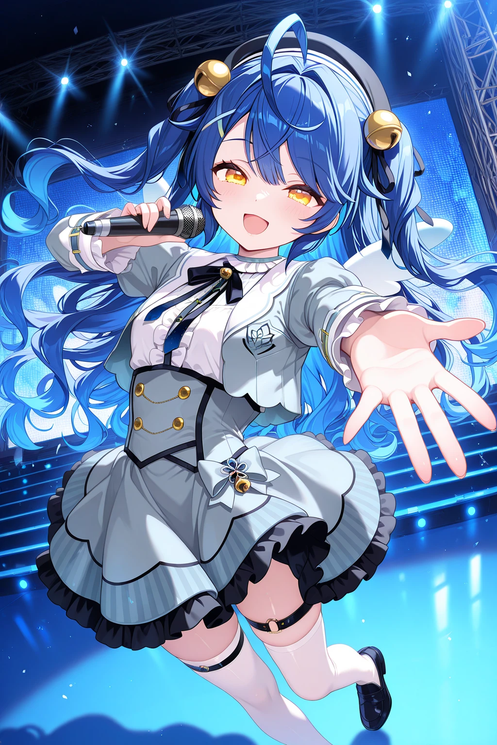 1girl, AmamiyaKokoroNijisanji,
general, solo, perspective, dynamic angle,
long hair, blue hair, two side up, wavy hair,
eyelashes, yellow eyes, mini wings,
black headwear, x hair ornament, hair bell,
grey jacket,
puffy sleeves, frilled sleeves,
cropped jacket,
breasts, open jacket,
neck bell, white shirt,
grey dress, thigh strap, white thighhighs, loafers,
smile, dynamic pose, outstretched arm,
singing,
blue theme, stage,
<lora:kp_AmamiyaKokoroNijisanji1stCostumeIllustrious_v1_0:1.0>,
masterpiece, best quality, amazing quality